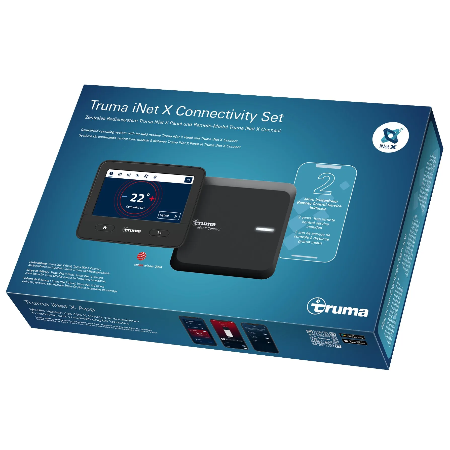 Blaues Verpackungsdesign des Truma iNet X Connectivity Sets, Vorderseite zeigt ein Touchscreen-Panel mit Display und ein schwarzes Modul, iNet X Logo sichtbar