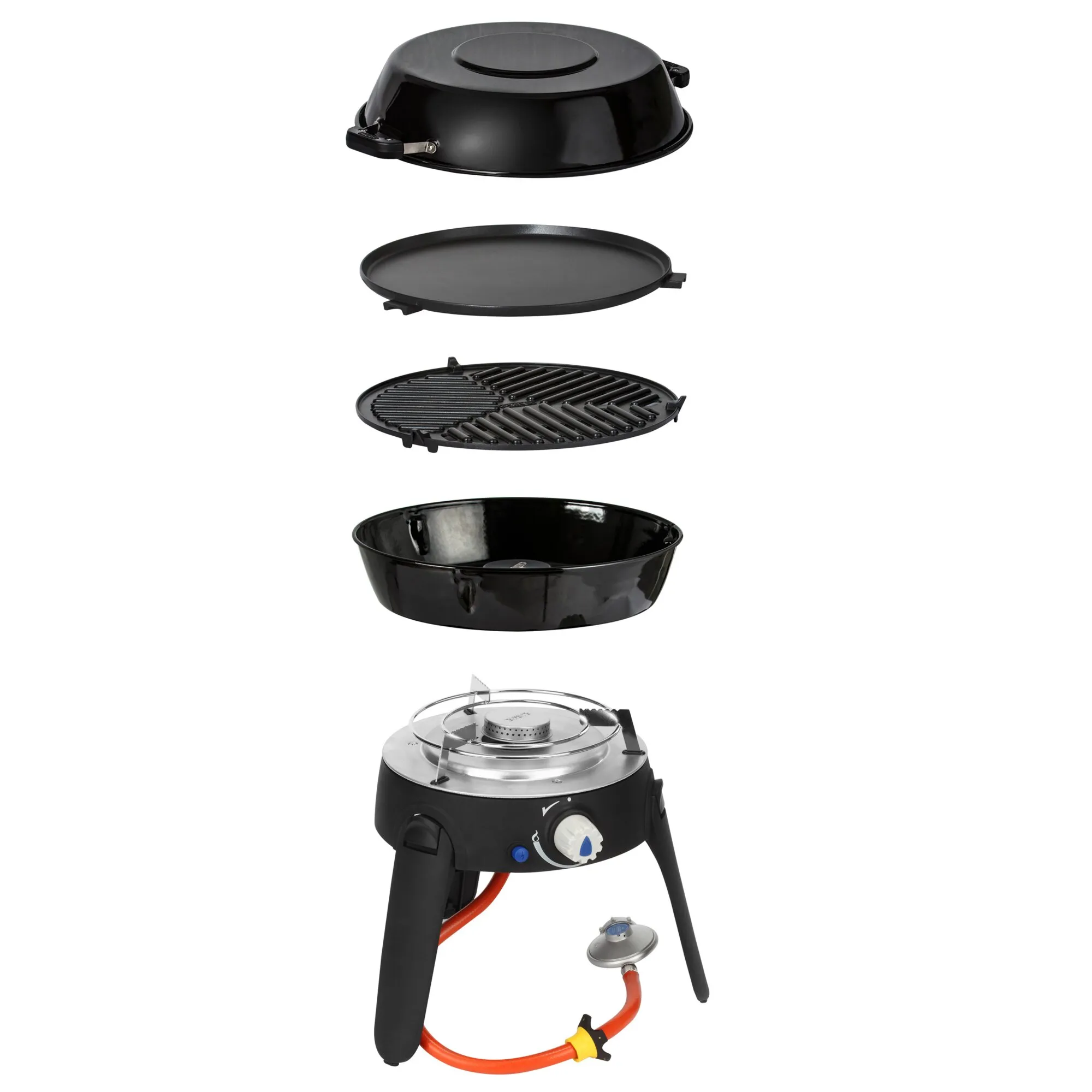 Schwarzer Gasgrill Safari Chef 30, 50 mbar, mit Deckel, Grillrost, Grillplatte, Brennerschale, Standbeinen und Gasschlauch