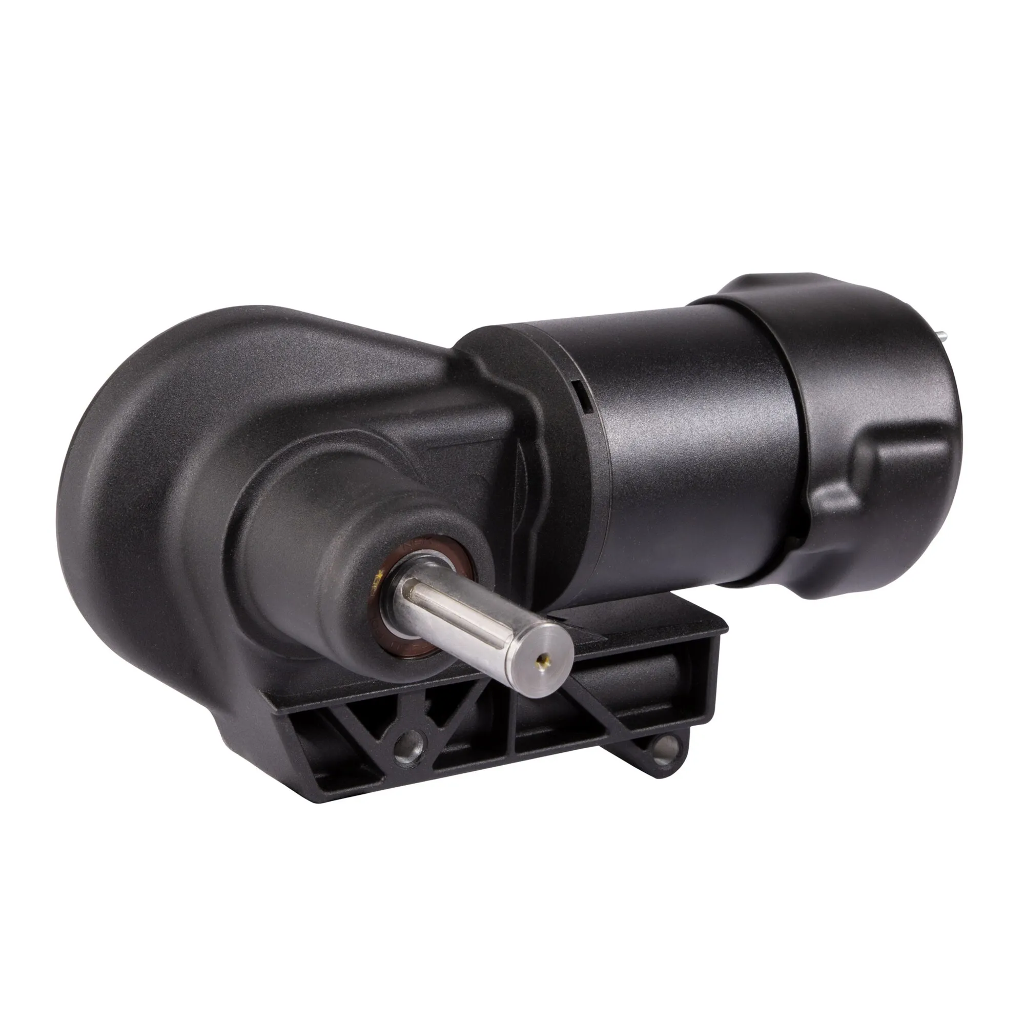 Schwarzer Motor mit Getriebegehäuse, sichtbarer silberner Antriebswelle und integrierter Montagehalterung vor weißem Hintergrund
