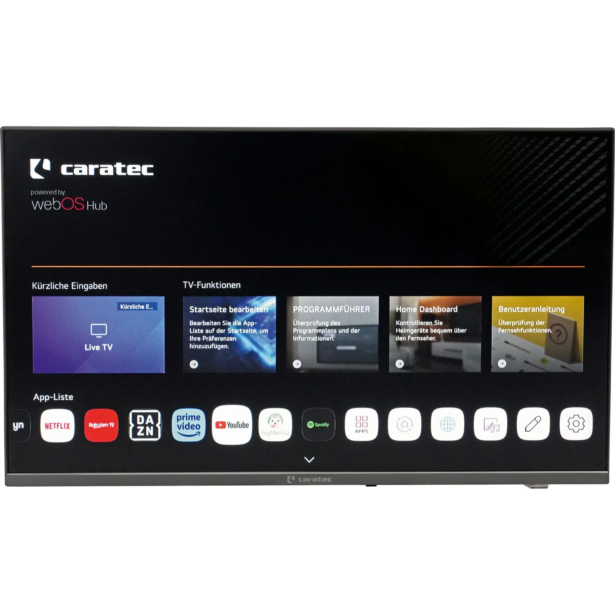 Caratec Vision Smart-TV mit schwarzem 21,5-Zoll-Flachbildschirm, sichtbarer webOS-Hub-Startseite und App-Leiste