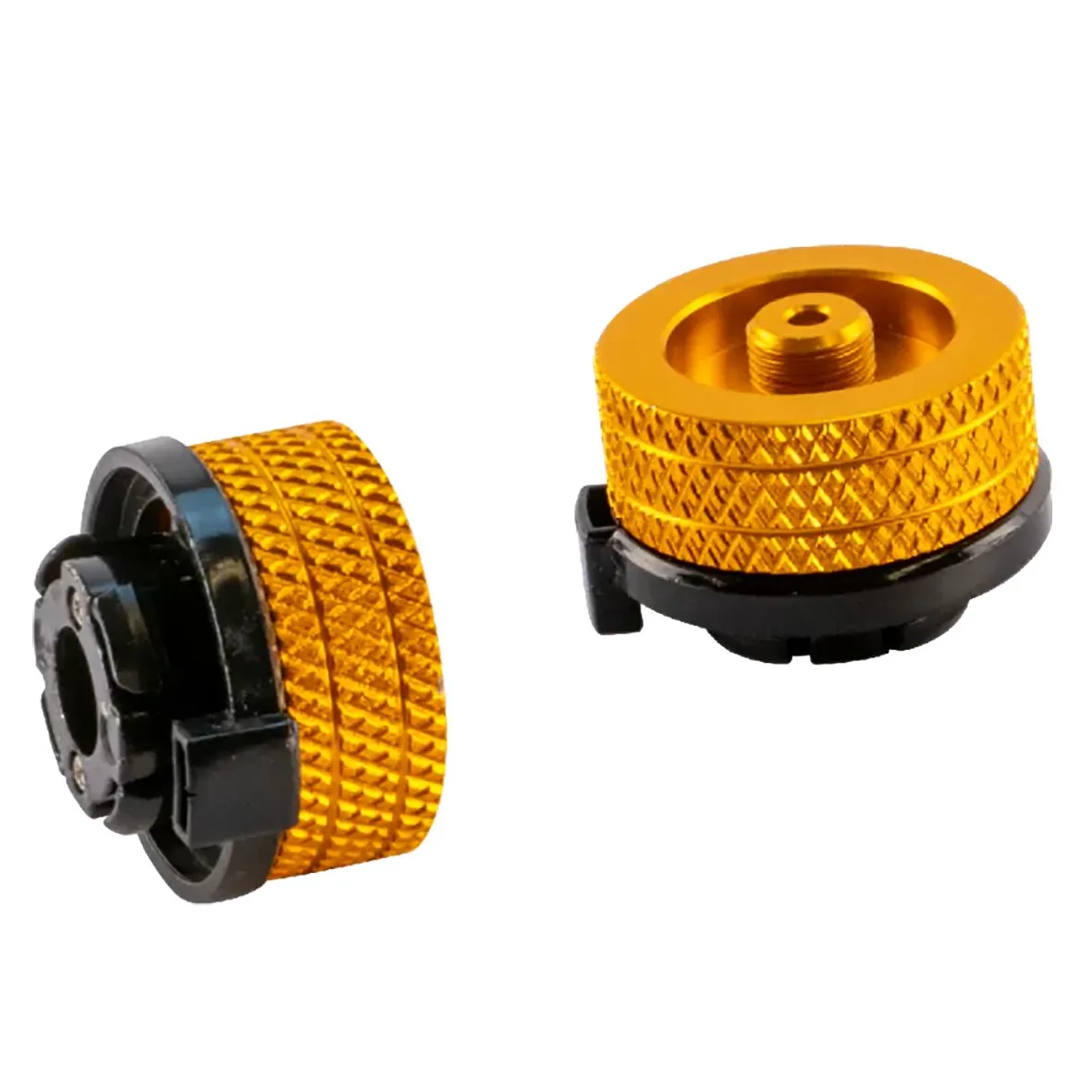 Goldfarbener Bajonett-Kartuschen-Adapter aus zwei Teilen mit gerändelten Metallringen, schwarzen Anschlüssen und sichtbarem Innengewinde