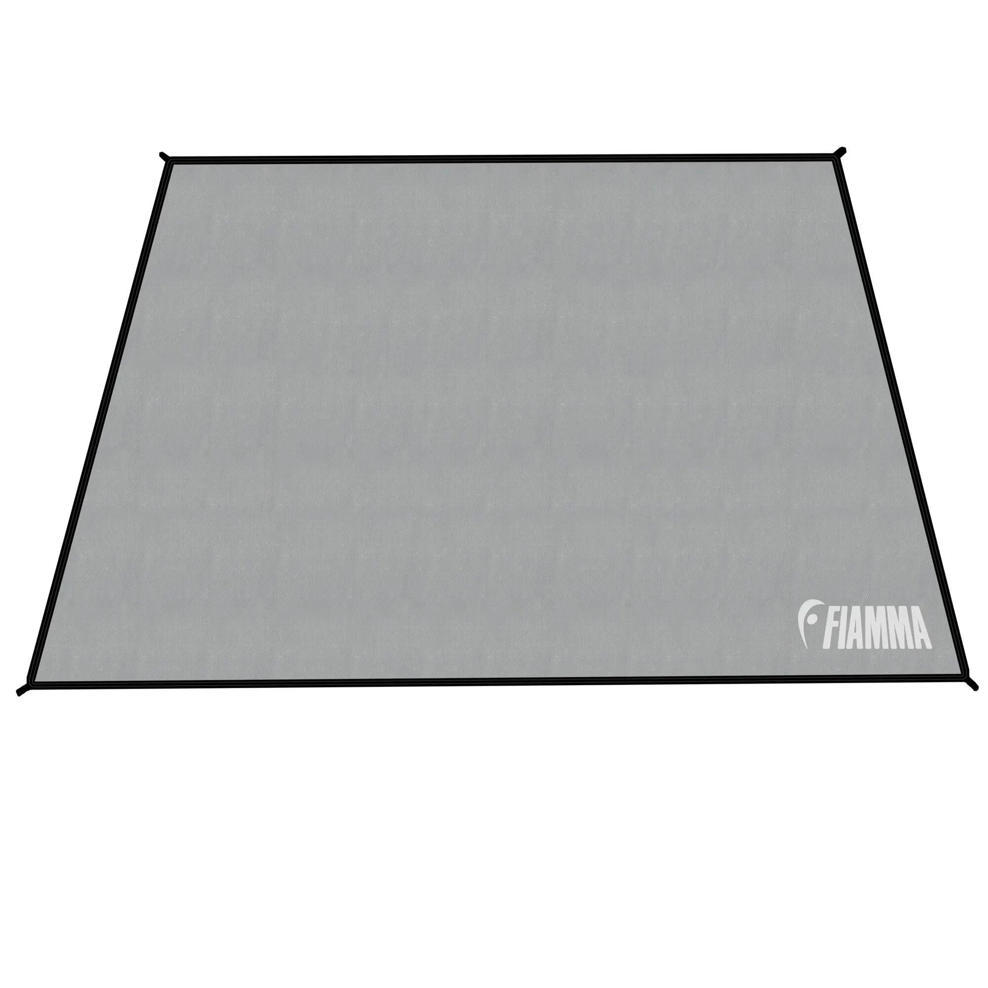 Grauer, rechteckiger Zeltteppich Patio-Mat von Fiamma mit schwarzem Rand und Befestigungsschlaufen, 390 cm lang