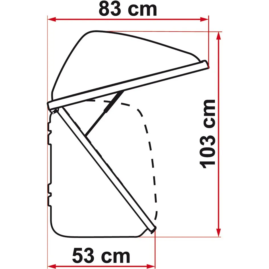 Heckbox Ultra-Box 500 in Seitenansicht mit geöffnetem Deckel und Maßangaben: 83 cm breit, 103 cm hoch und 53 cm tief