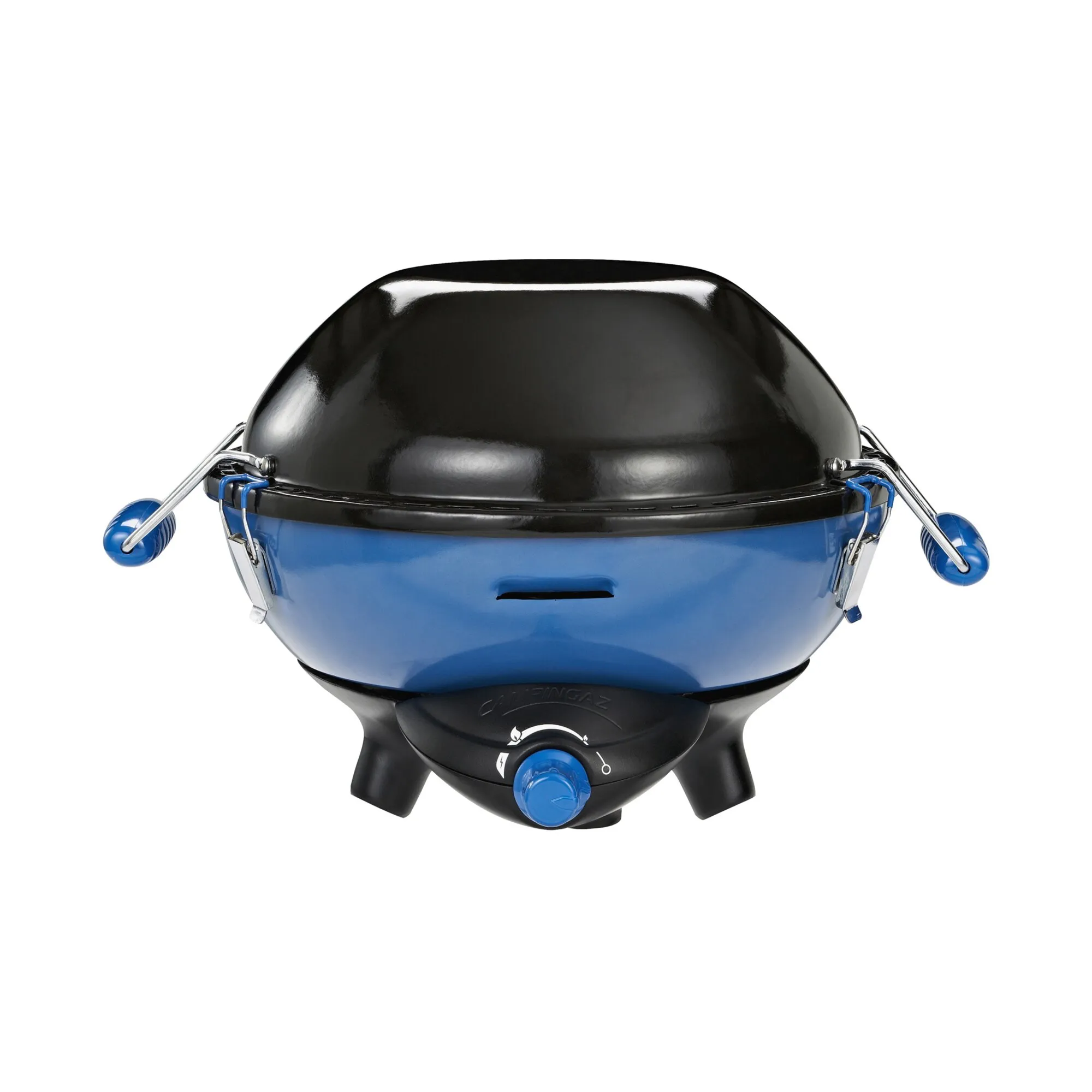 Blauer, runder Camping-Gasgrill Party Grill 400 CV mit schwarzem Deckel, seitlichen Griffen, Standfüßen und Drehregler