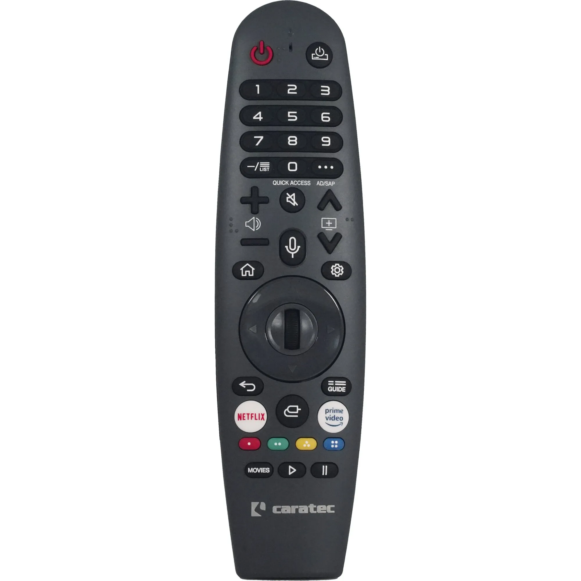 Schwarze Caratec-Fernbedienung für Smart-TV mit Zifferntasten, Navigationsrad, Sprachsteuerung sowie Netflix- und Prime-Video-Tasten