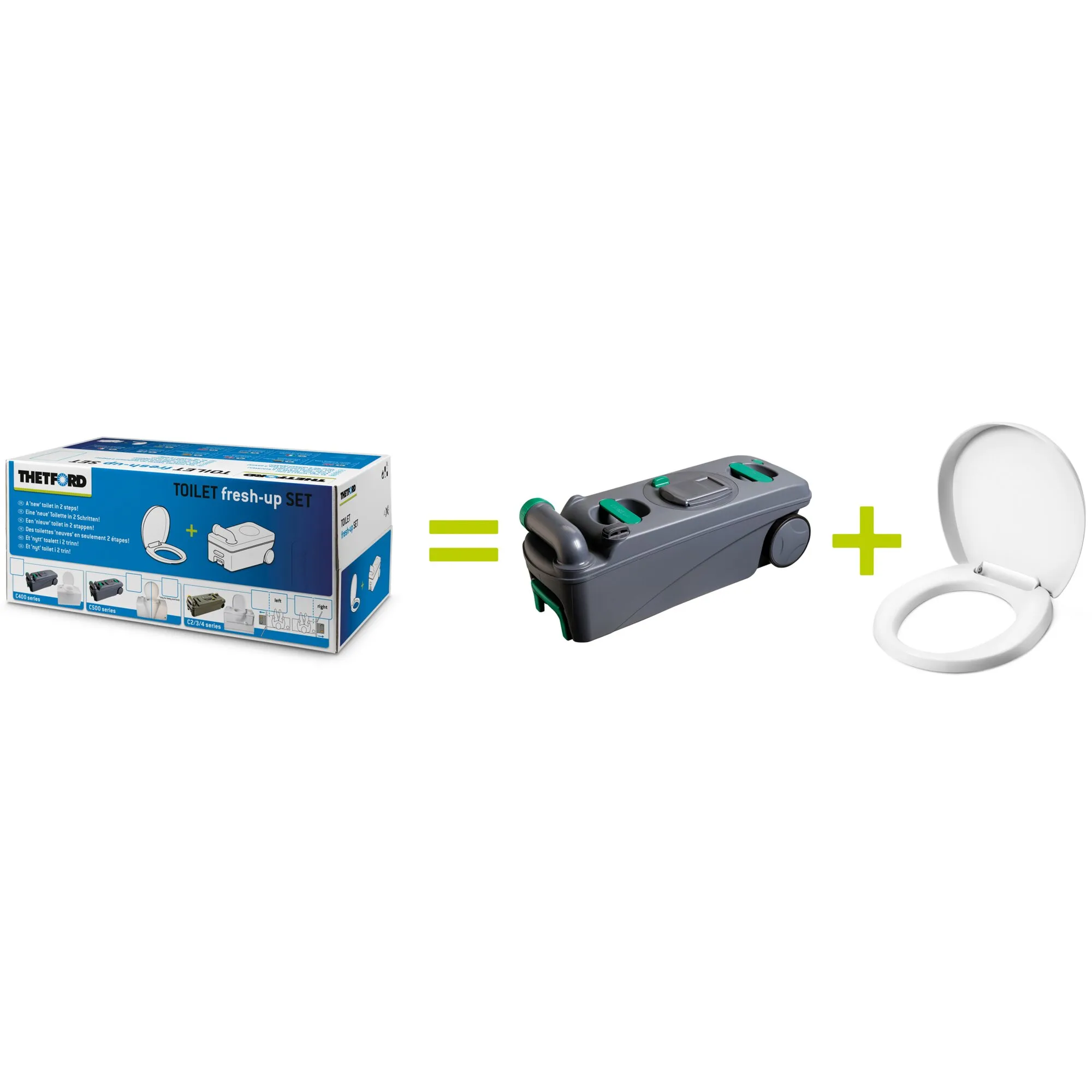 Thetford Fresh-Up-Set für Campingtoiletten der C500-Serie mit grauem Fäkalientank und weißem Toilettensitz samt Deckel