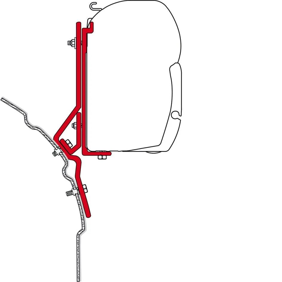 Schematische Seitenansicht eines roten Markisenadapters für VW T4 Lift Roof zur Befestigung einer F45-Markise an der Fahrzeugkarosserie