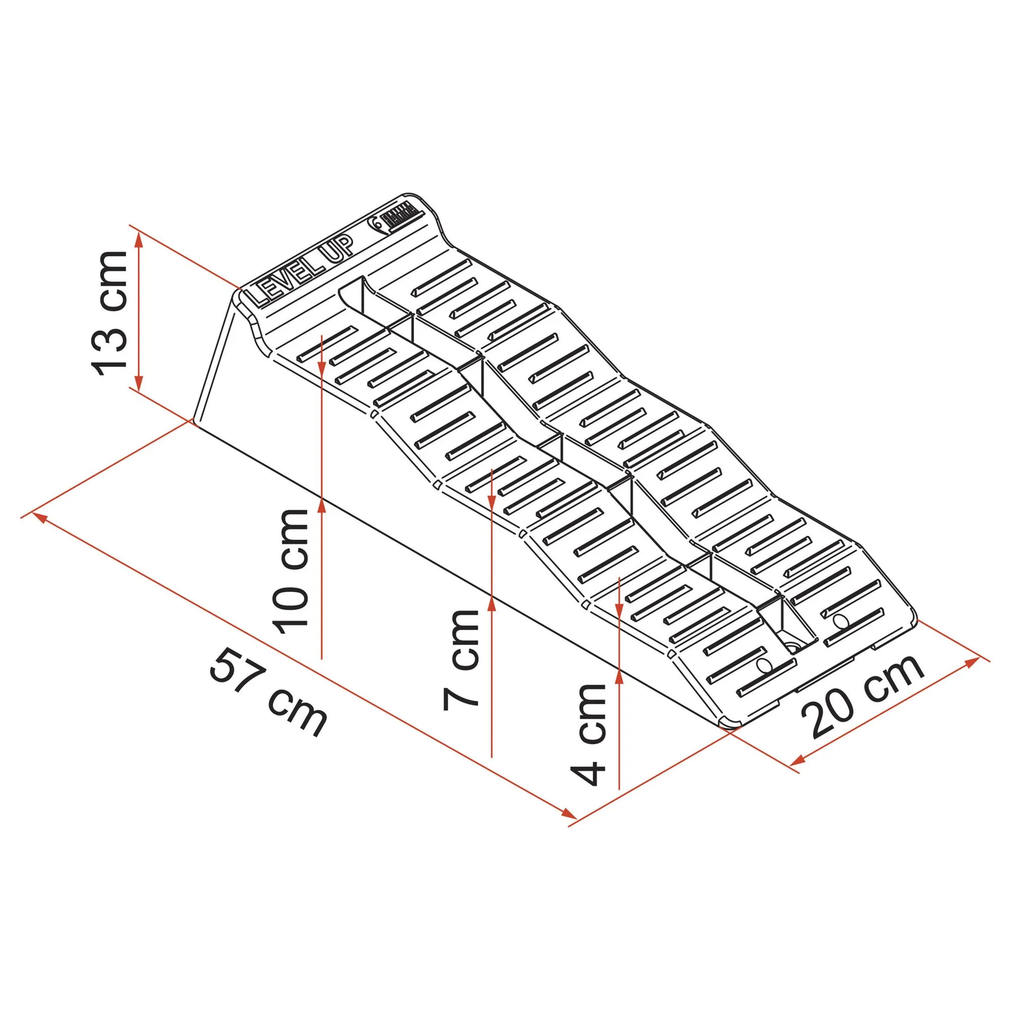 Auffahrkeil-Kit Level Up im 2er-Set mit geriffelter Auffahrfläche, vier Höhenstufen von 4 bis 13 cm und Maßangaben 57 × 20 cm
