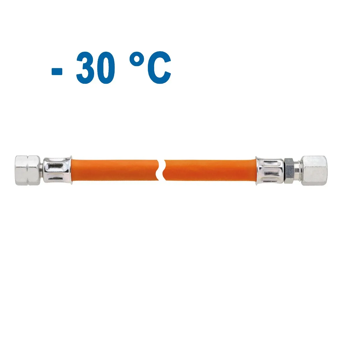 Orange Mitteldruck-Schlauchleitung mit silbernen Metallanschlüssen, 750 mm lang, mit Kennzeichnung −30 °C