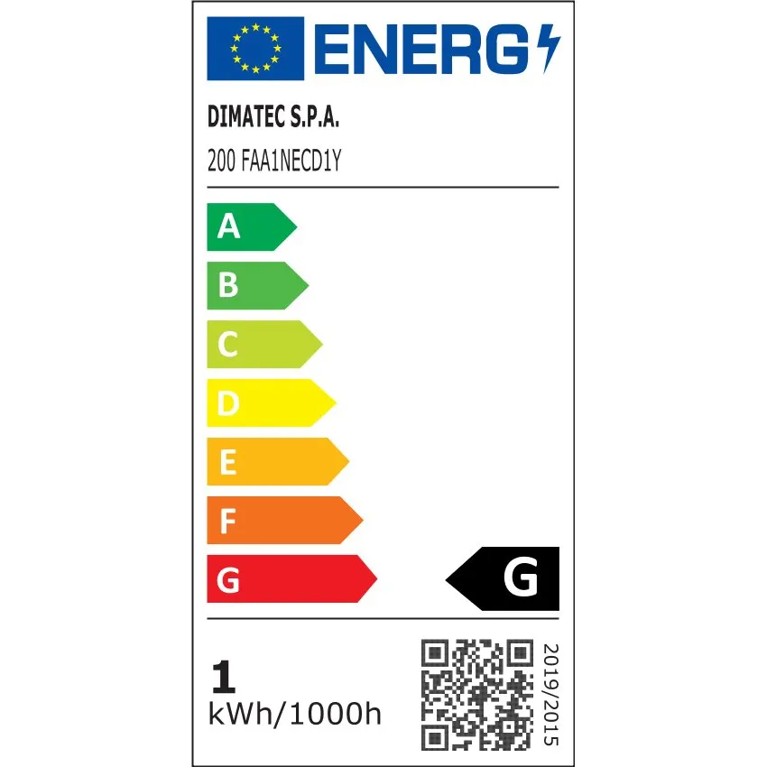 Energie-Label für eine LED-Leselampe mit USB-C, EU-Flagge, A bis G Farbleiste, DIMATEC S.P.A., Modell 200 FAA1NECD1Y, 1 kWh/1000h, QR-Code
