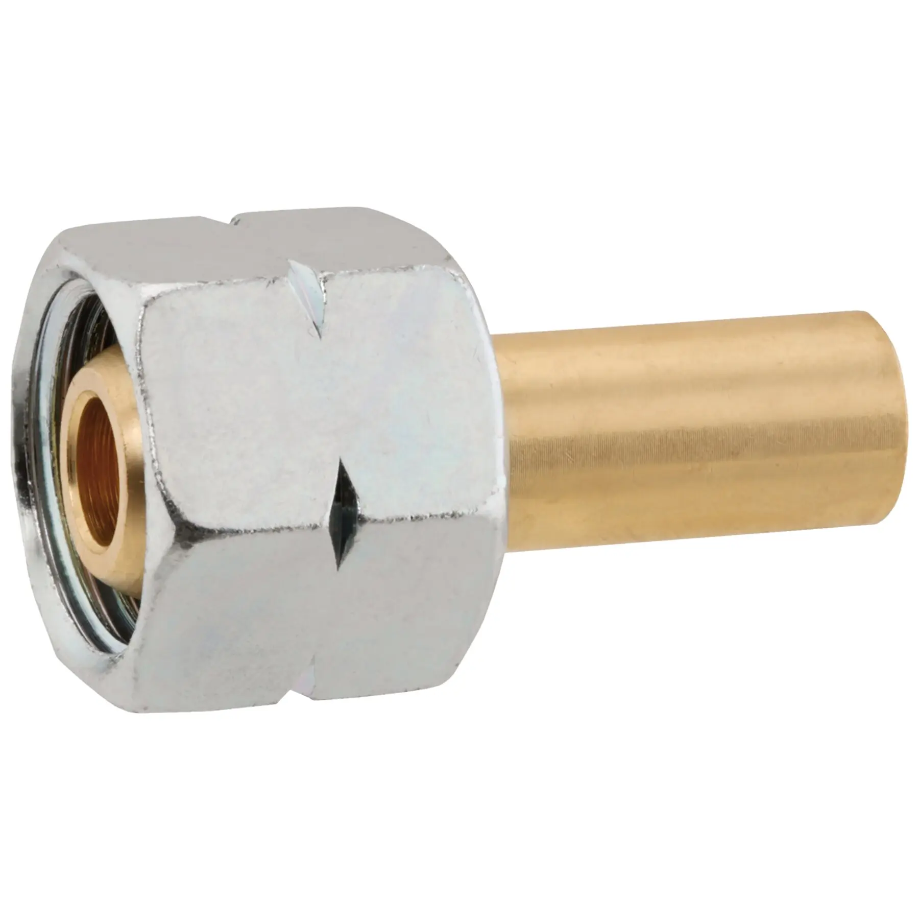 Verbindungsstück G 1/2 LH-ÜM x RST 15, silbernes Metallgehäuse mit Innengewinde und Messingrohrstutzen