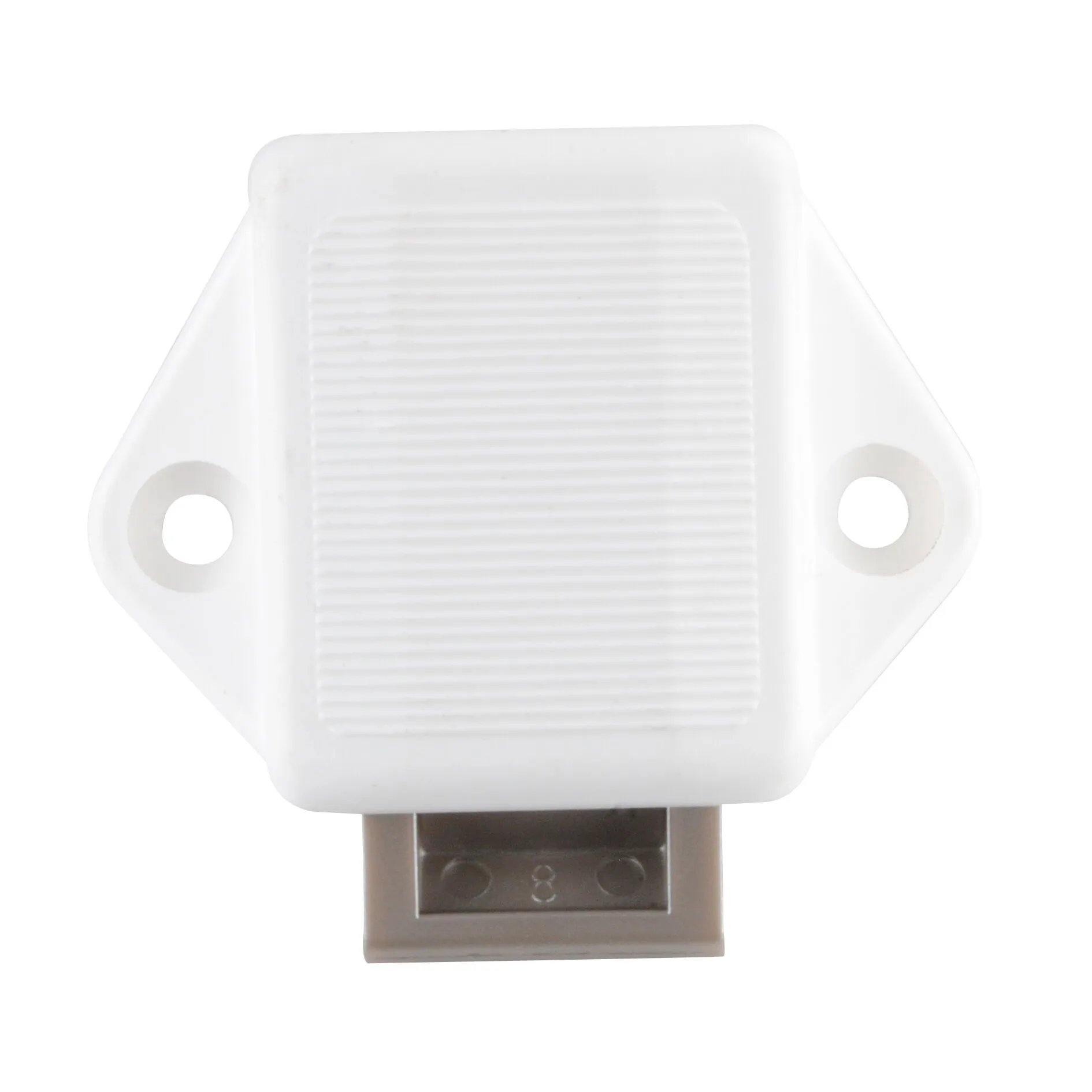 Weißes Aufschraub-Riegelschloss Push-Lock Mini mit geriffelter Druckfläche, zwei Befestigungsöffnungen und sichtbarem Metallriegel