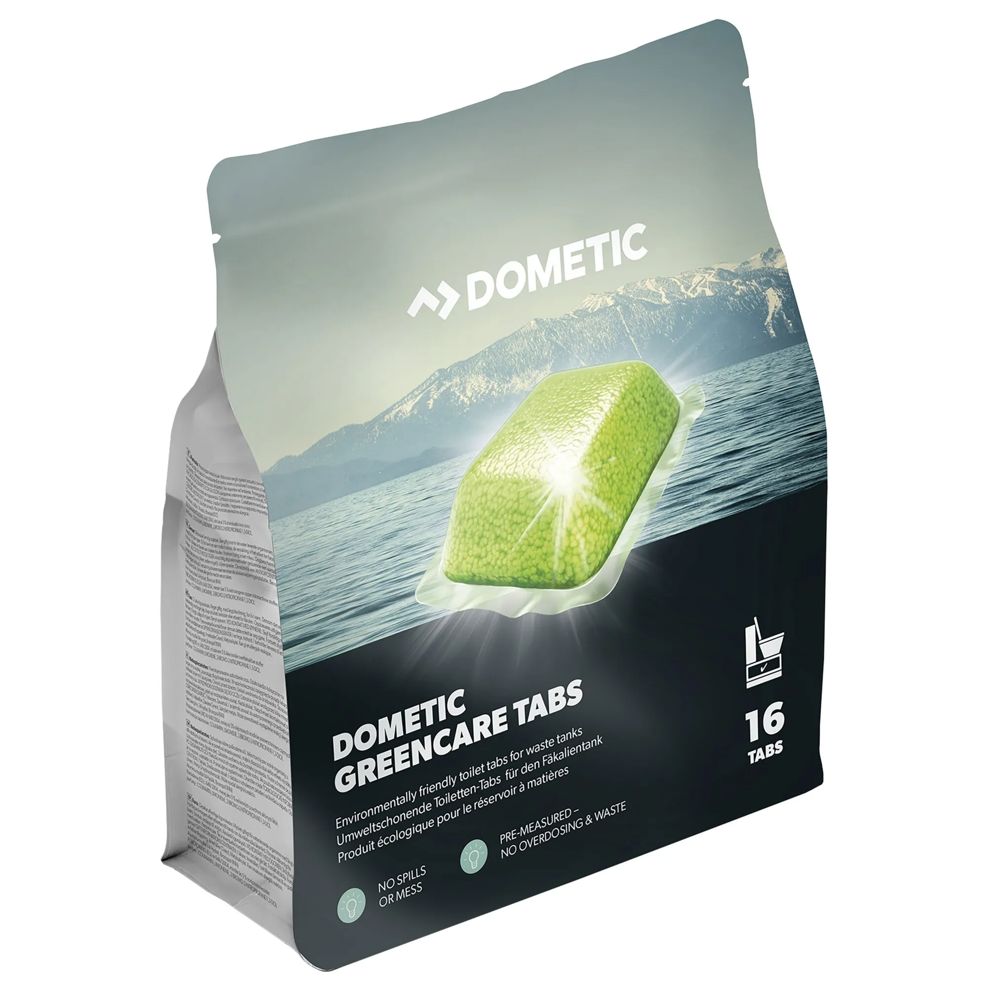 Dometic GreenCare Tabs Toilettenzusatz in Standbeutel mit 16 vorportionierten Tabs und grünem Tab-Motiv vor Bergsee-Landschaft