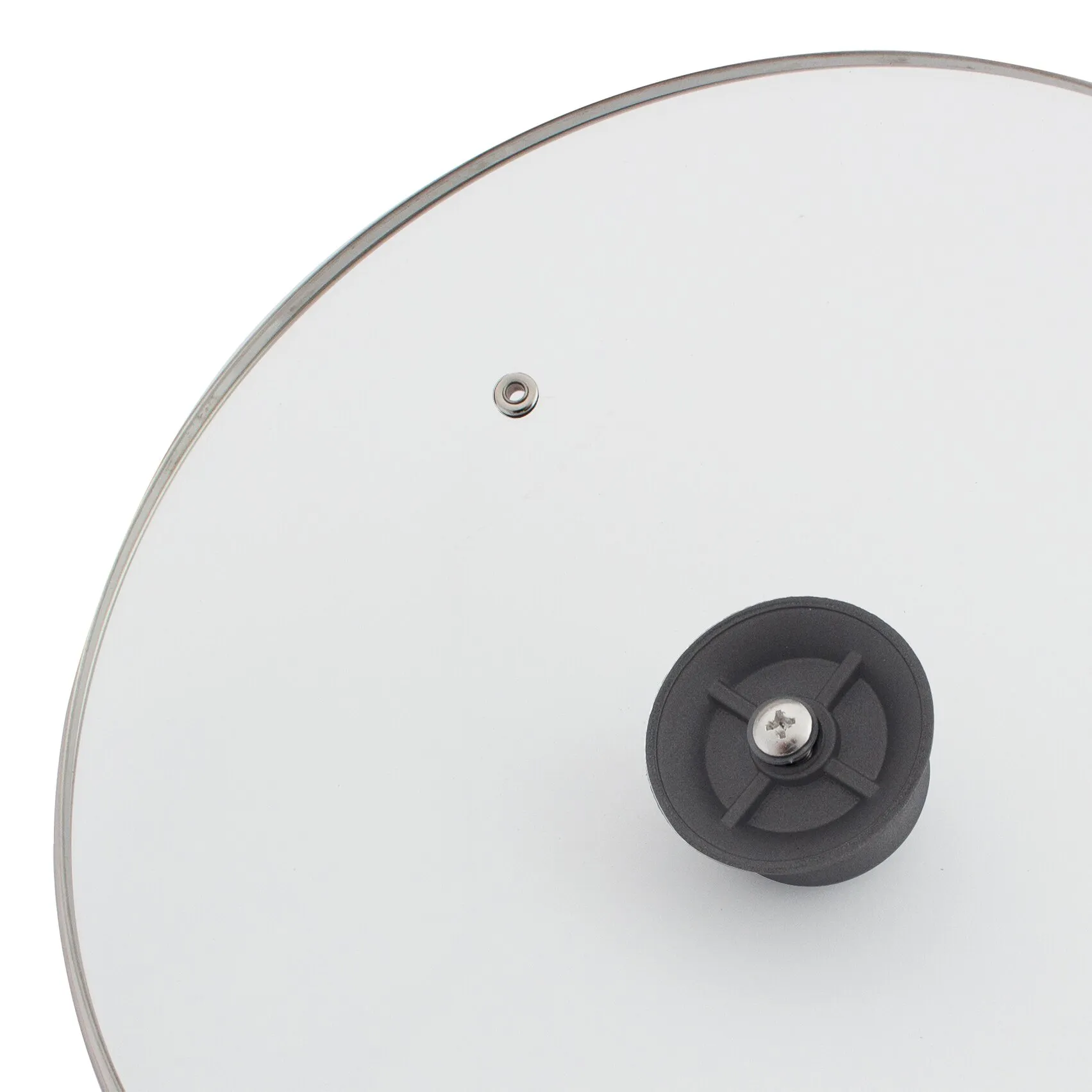 Transparenter runder Glasdeckel mit 28 cm Durchmesser, Metallrand und schwarzem Knauf in Detailansicht