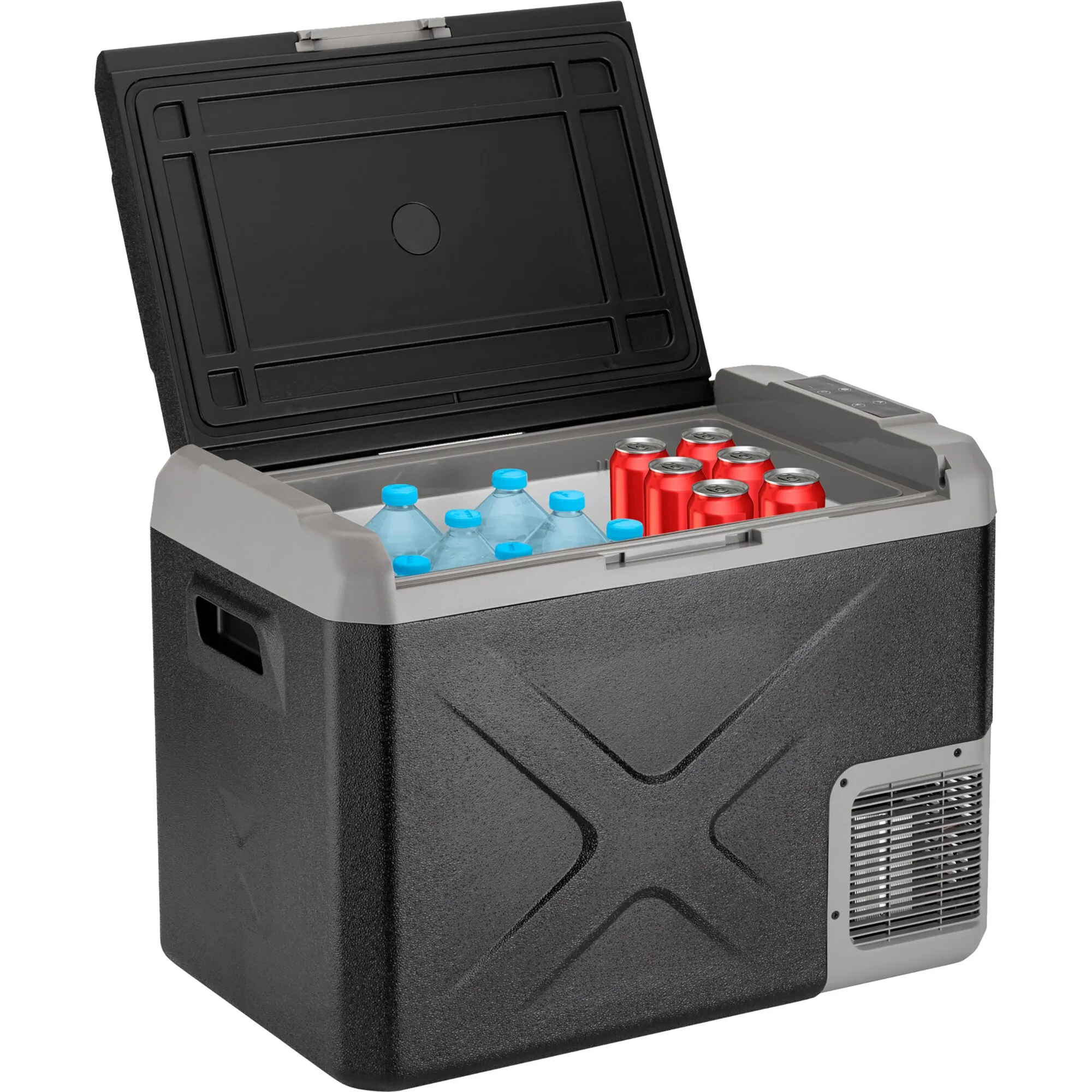 Schwarze elektrische Kühlbox Polarys Freeze SZ mit geöffnetem Deckel, Wasserflaschen und roten Getränkedosen im 30-Liter-Innenraum