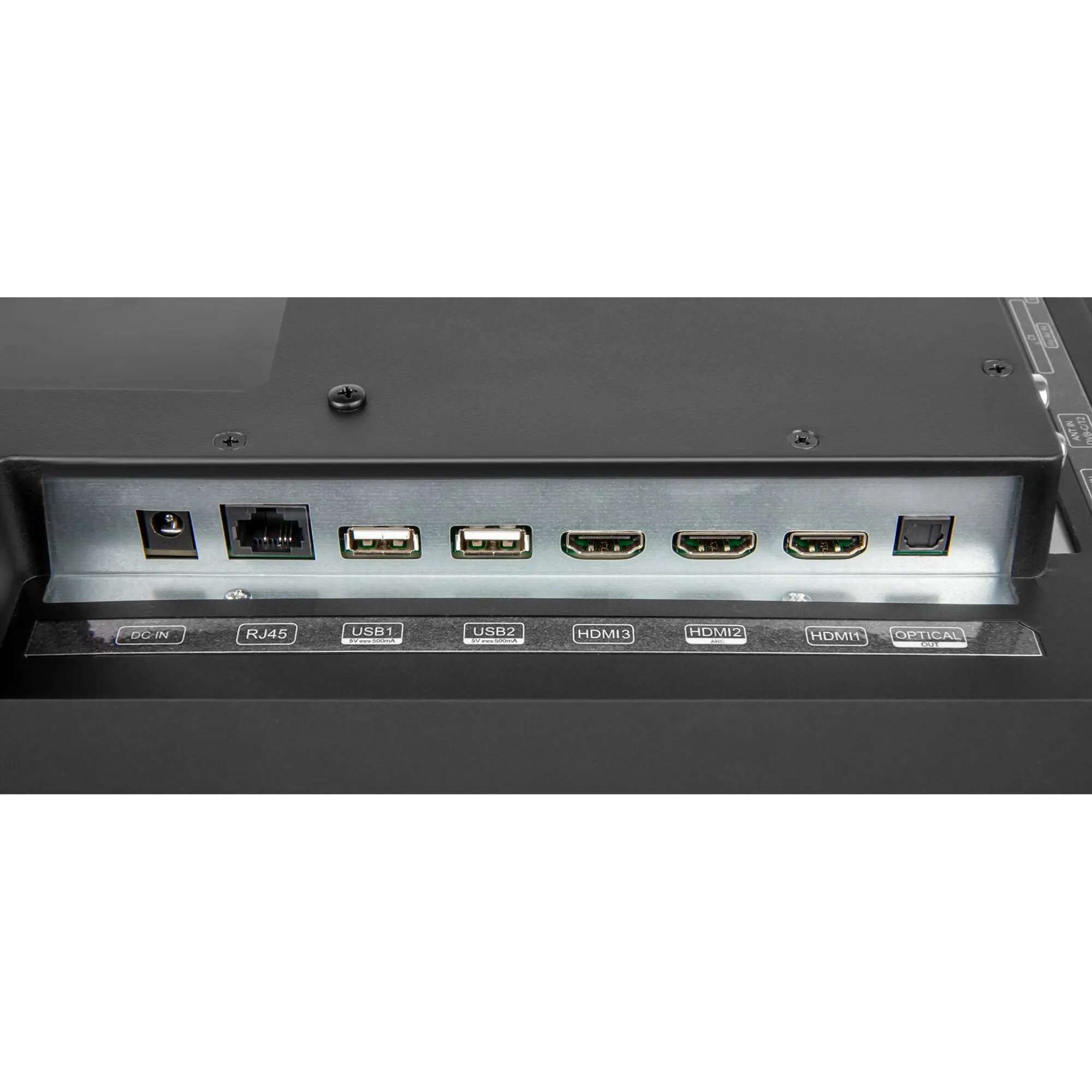 Rückansicht des schwarzen Royal Line 32-Zoll-Fernsehers mit DC-Eingang, RJ45-, zwei USB-, drei HDMI- und optischem Ausgang