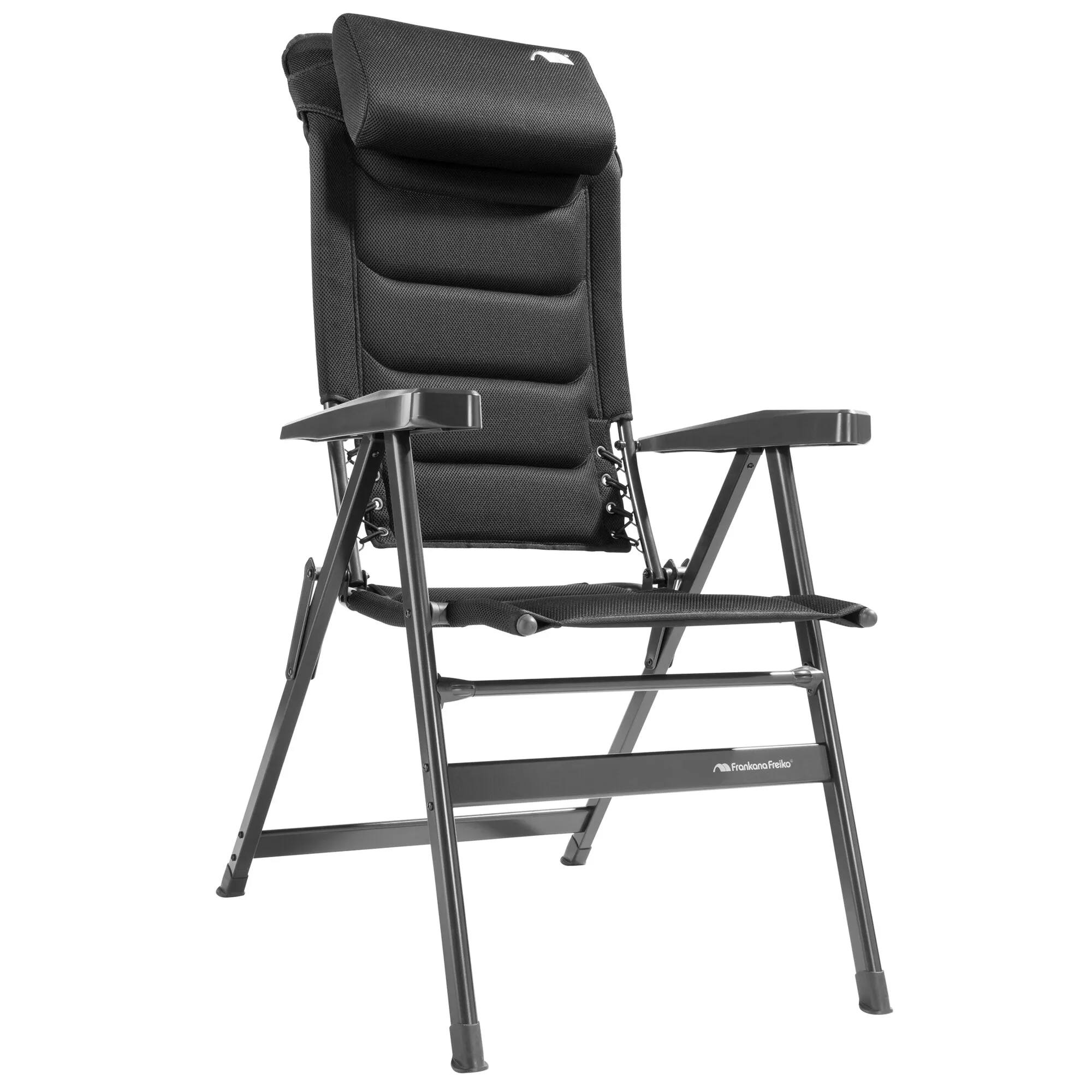 Schwarzer Campingstuhl HighQ Comfortable mit gepolsterter Rückenlehne, Armlehnen und ausklappbarer Fußstütze in Frontalansicht