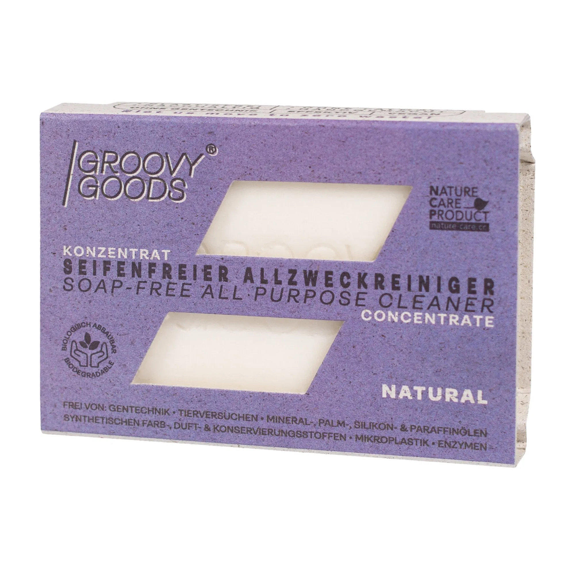 Lila Kartonverpackung von Groovy Goods mit seifenfreiem Allzweckreiniger-Konzentrat, Natural, in biologisch abbaubarer Verpackung