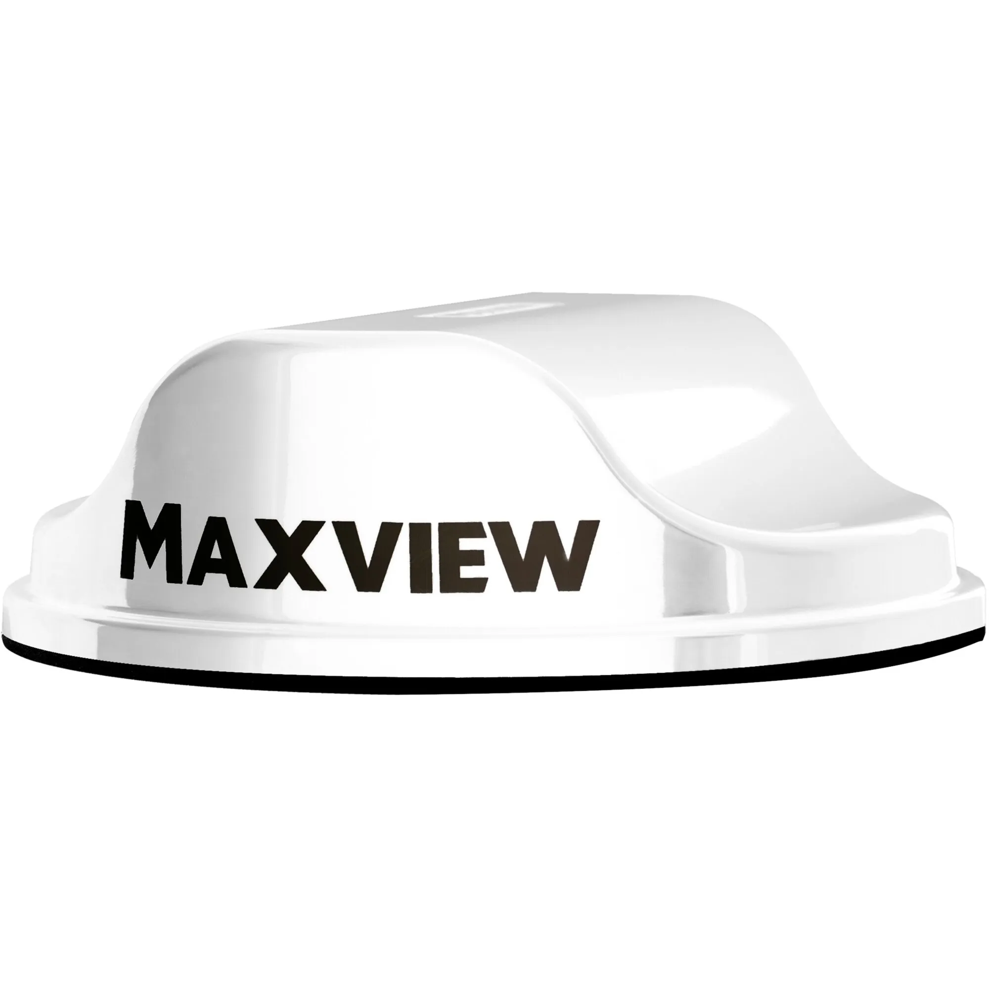 Weißer Maxview Roam Router mit abgerundetem Gehäuse und schwarzem Maxview-Schriftzug auf der Vorderseite
