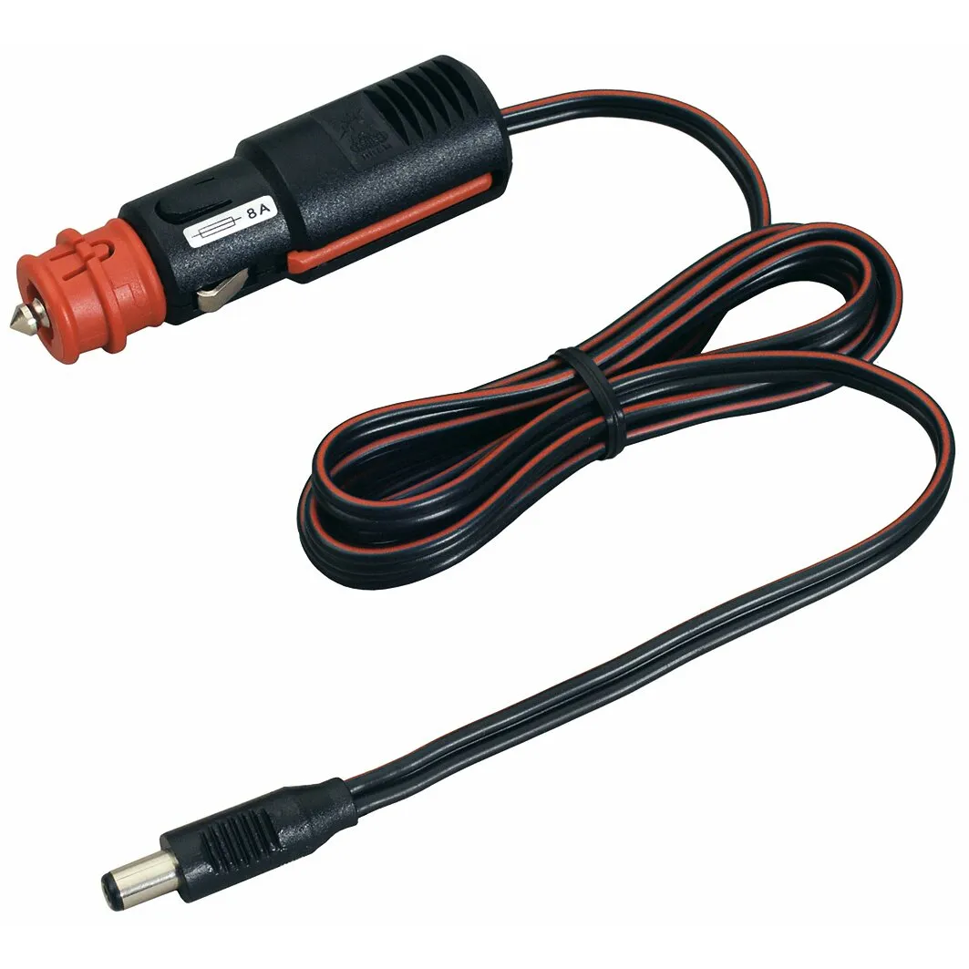 Schwarzes TFT-Anschlusskabel mit rotem 12-Volt-Kfz-Stecker, 8-A-Sicherung und zylindrischem Anschlussstecker