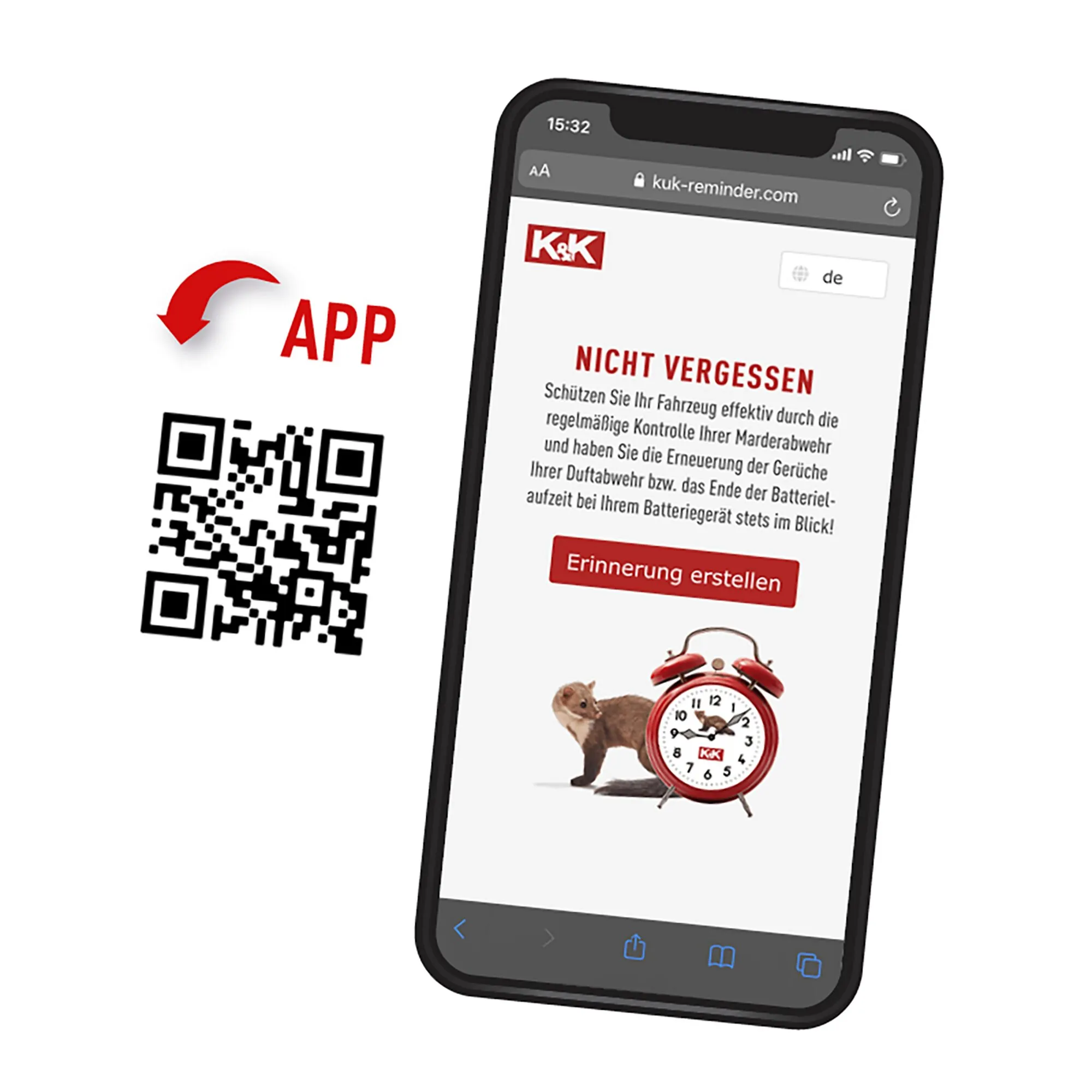 QR-Code zur App mit Smartphone-Anzeige einer Erinnerung an die Kontrolle und Erneuerung der Marderabwehr am Fahrzeug