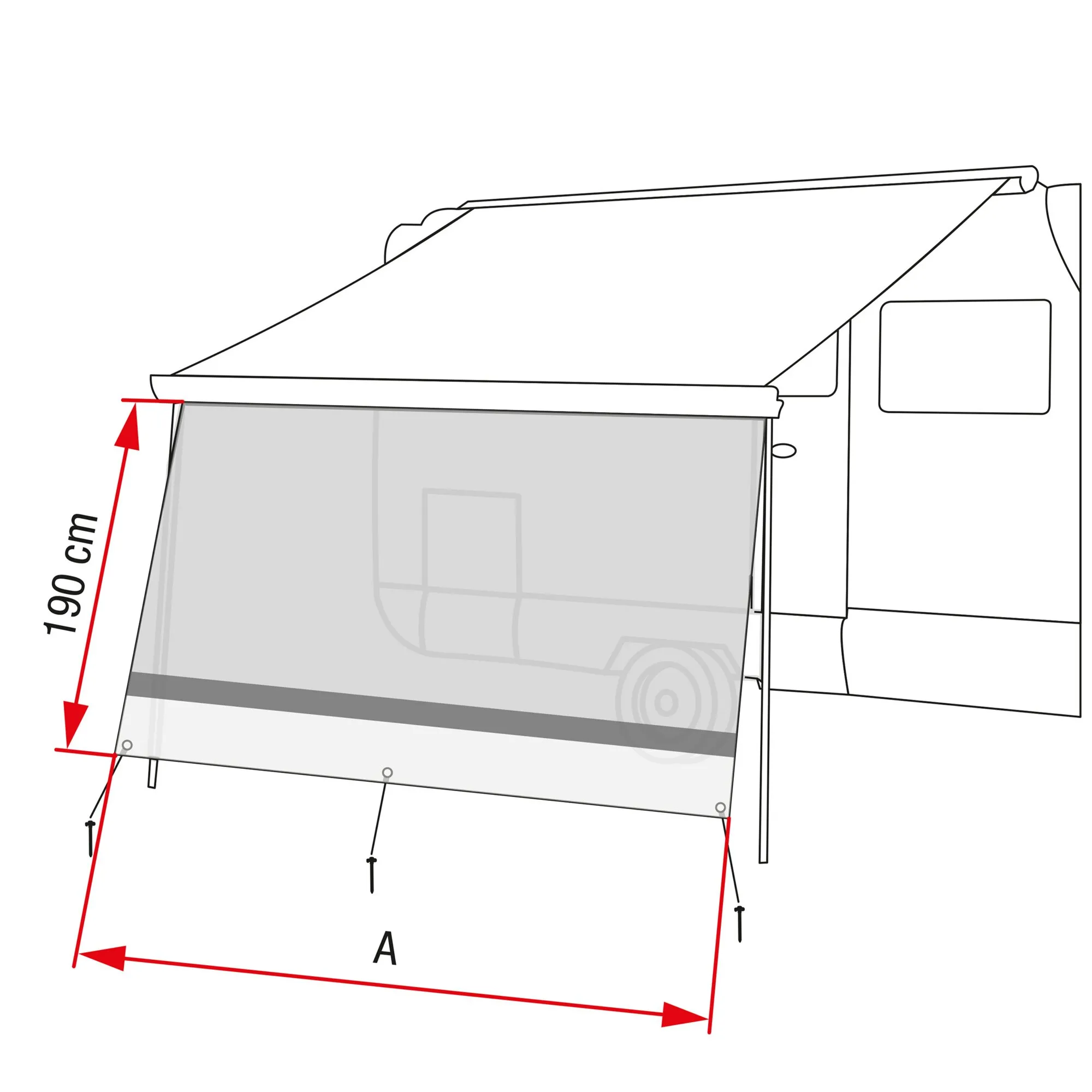 Vorderwand Sun View XL 400 an einem Wohnwagen mit transparenter Front und Maßpfeil für 190 cm Höhe