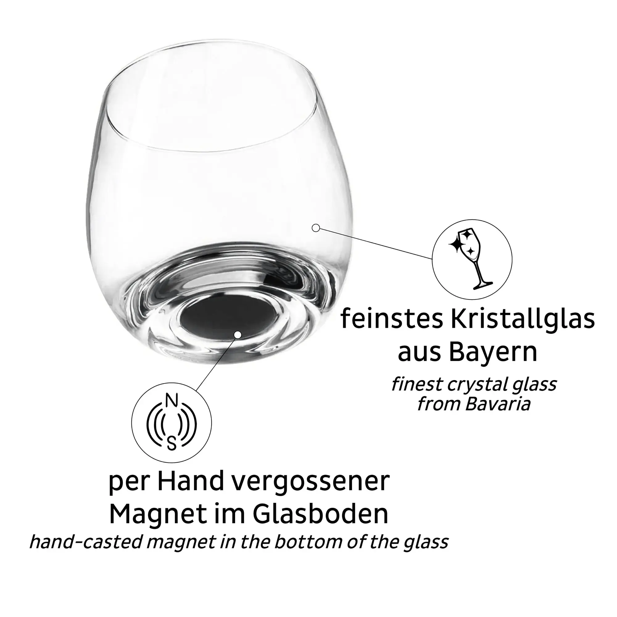 Klares, bauchiges Whisky-Kristallglas mit handvergrößertem Magneten im Glasboden und Hinweisen auf bayerische Herstellung