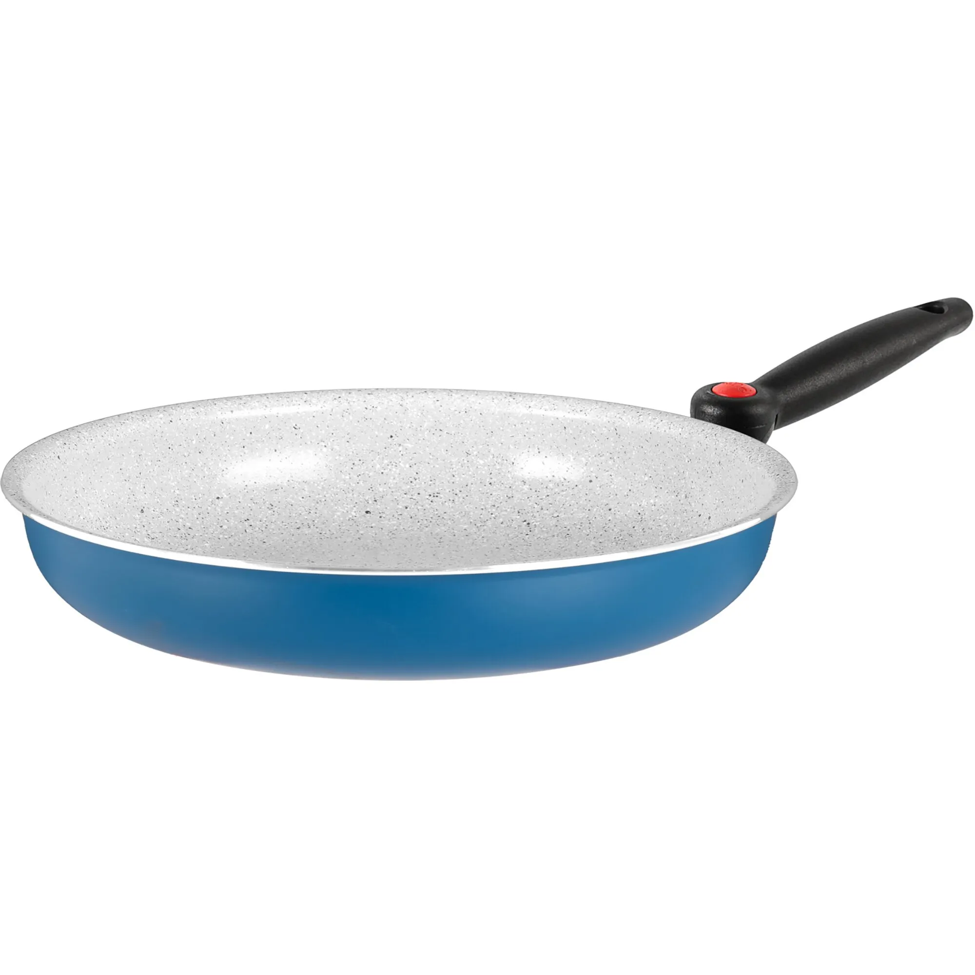 Pfanne Carezza mit 24 cm Durchmesser, blauem Rand, hell gesprenkelter Innenfläche und schwarzem Griff mit rotem Knopf