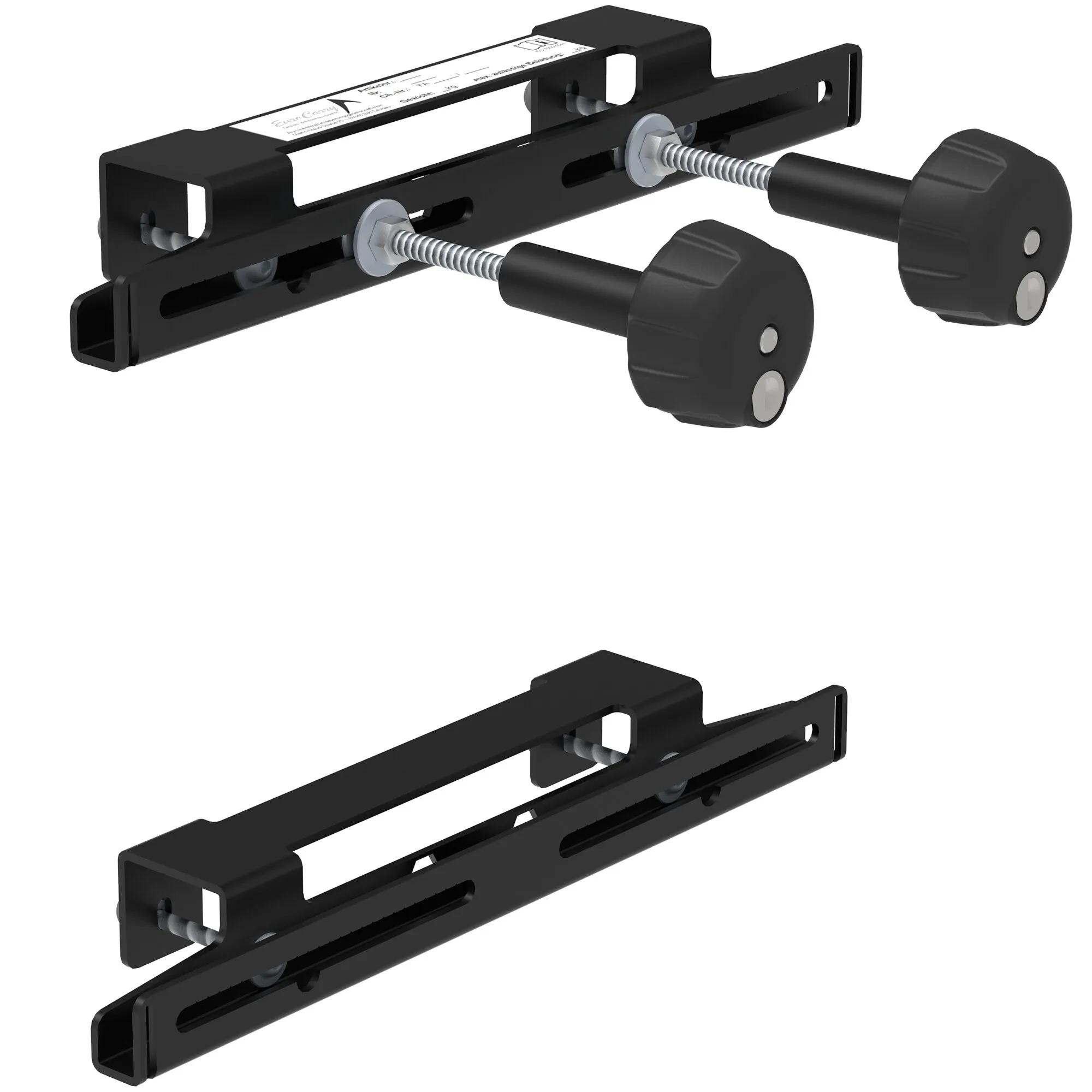 Schwarze Bergeboardhalterung für das X-Rack Board mit zwei verstellbaren Haltearmen und großen Drehknöpfen