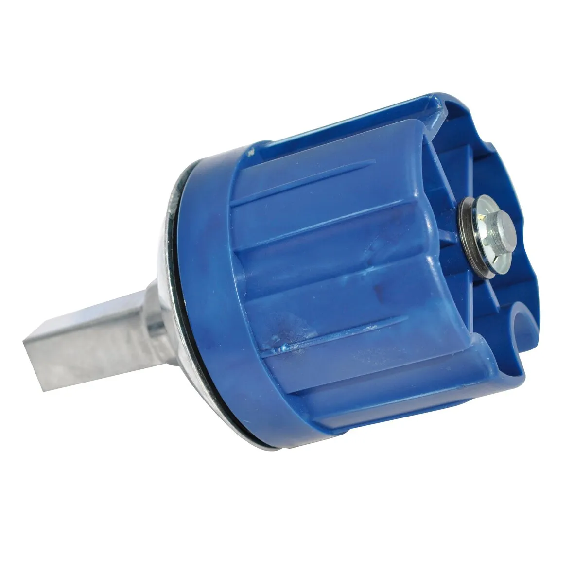 Blaue Endanschlagvorrichtung mit silberner Vierkantwelle und Befestigungsschraube für Markise F65s, Durchmesser 60 mm
