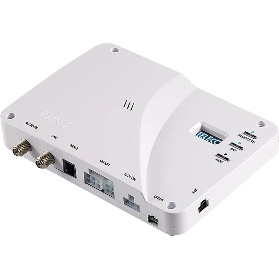 Weiße Teleco FlatSat Classic Sat-Anlage als flaches Steuergerät mit Anschlüssen für Receiver, LNB, Panel, Motor und 12V-Versorgung