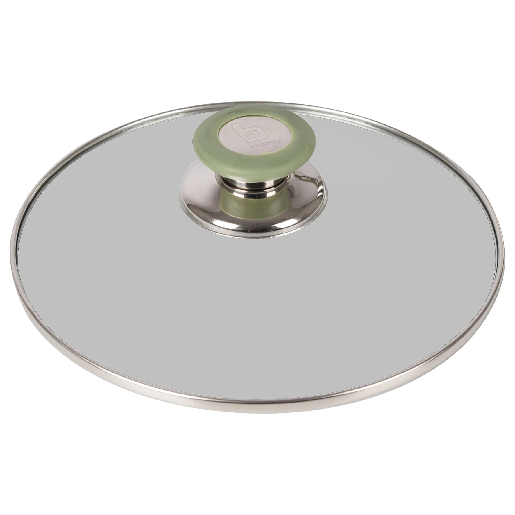 Glasdeckel aus Edelstahl mit grünem Griff und Bo-Camp-Logo für das Kochtopfset Elegance Compact