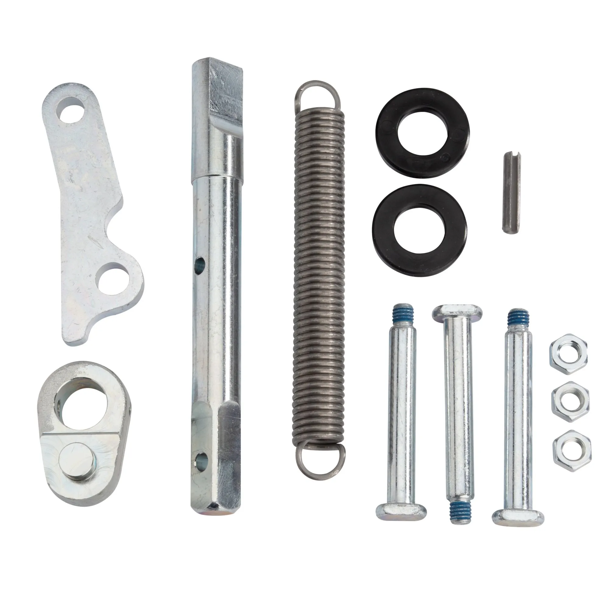 Anschwenkset aus verzinkten Metallteilen mit Scharnier, Bolzen, Zugfeder, Unterlegscheiben, Schrauben und Muttern auf weißem Hintergrund