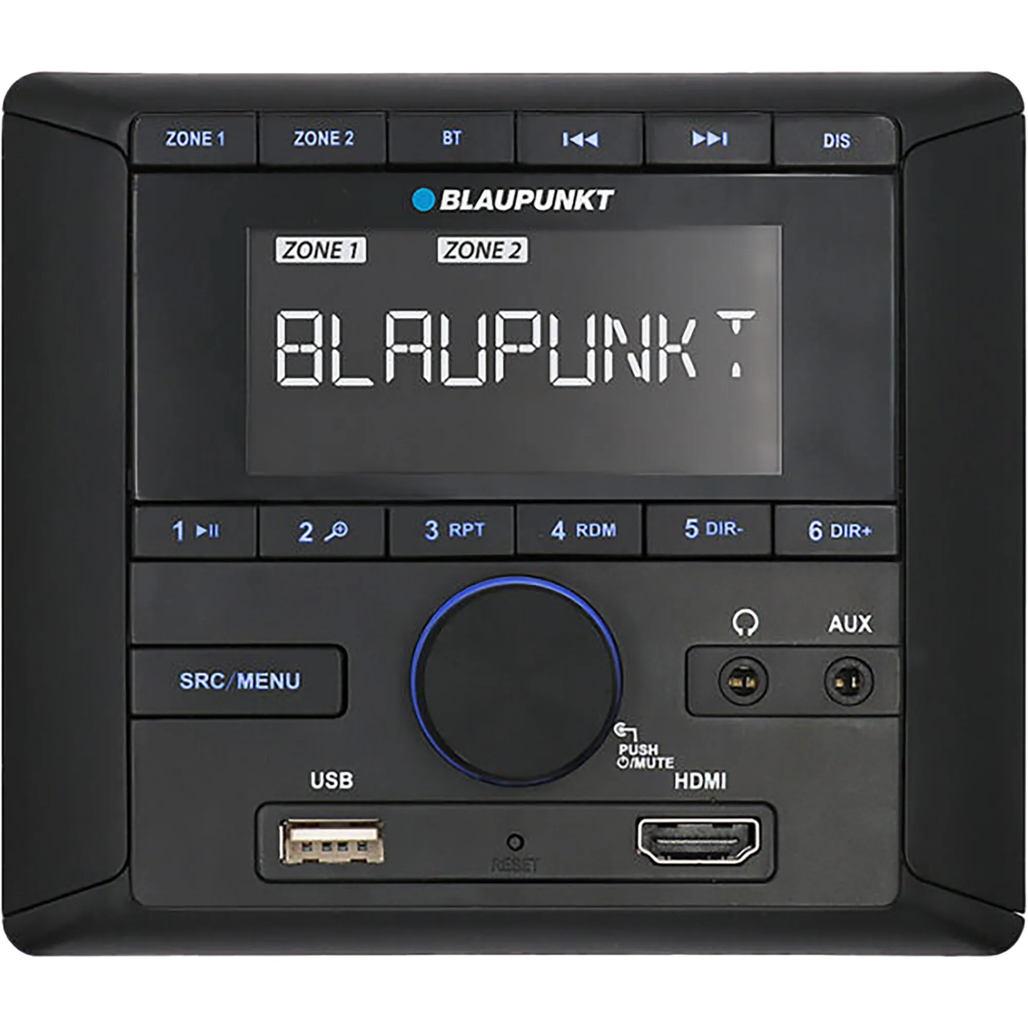 Schwarzes Einbauradio Blaupunkt Camper BPA 3022 M mit Display, Bedientasten, Drehregler sowie USB-, HDMI- und AUX-Anschlüssen