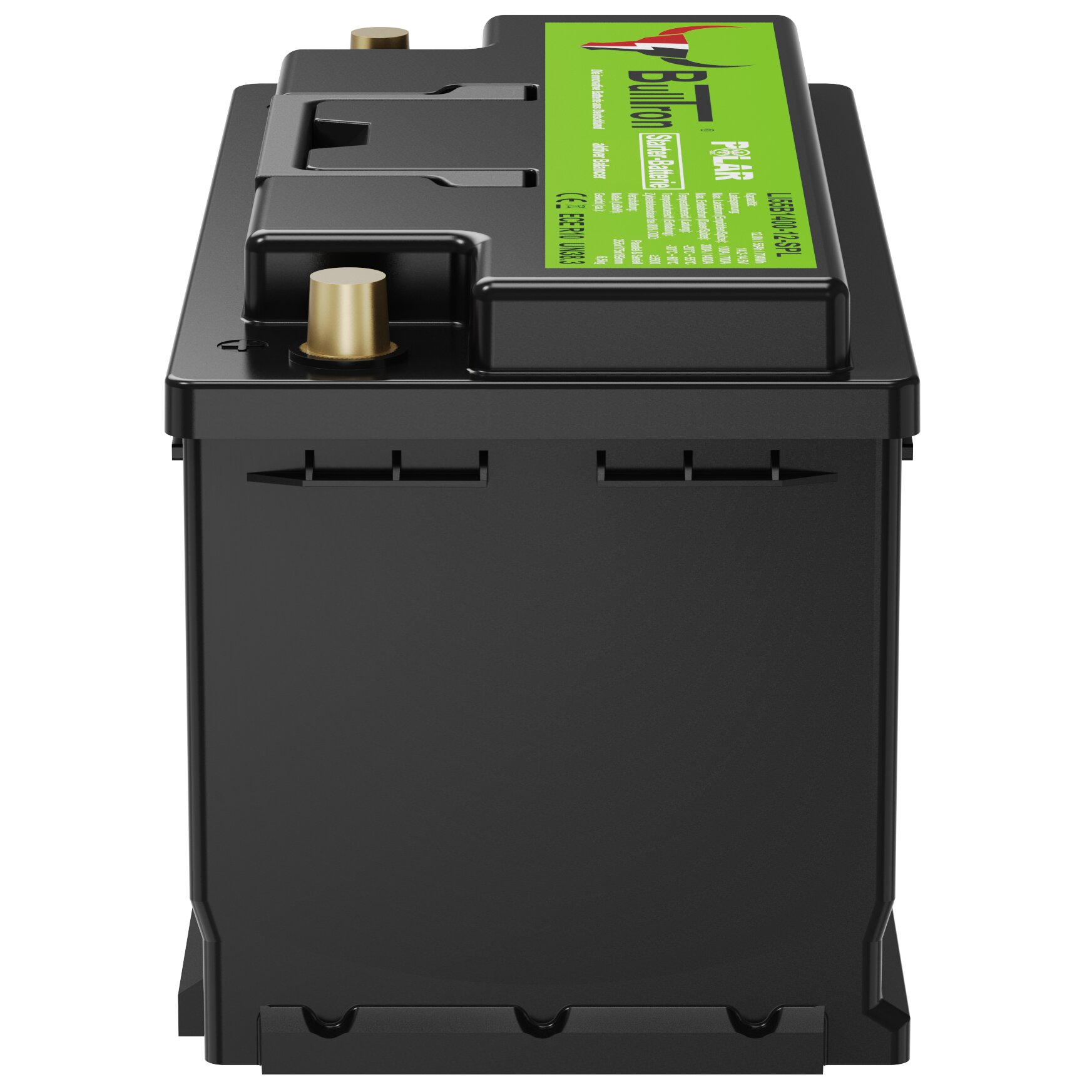 Schwarze Lithium-Starterbatterie mit grünem Etikett oben, seitliche Perspektive, zwei goldene Anschlussklemmen vorne, flaches rechteckiges Gehäuse