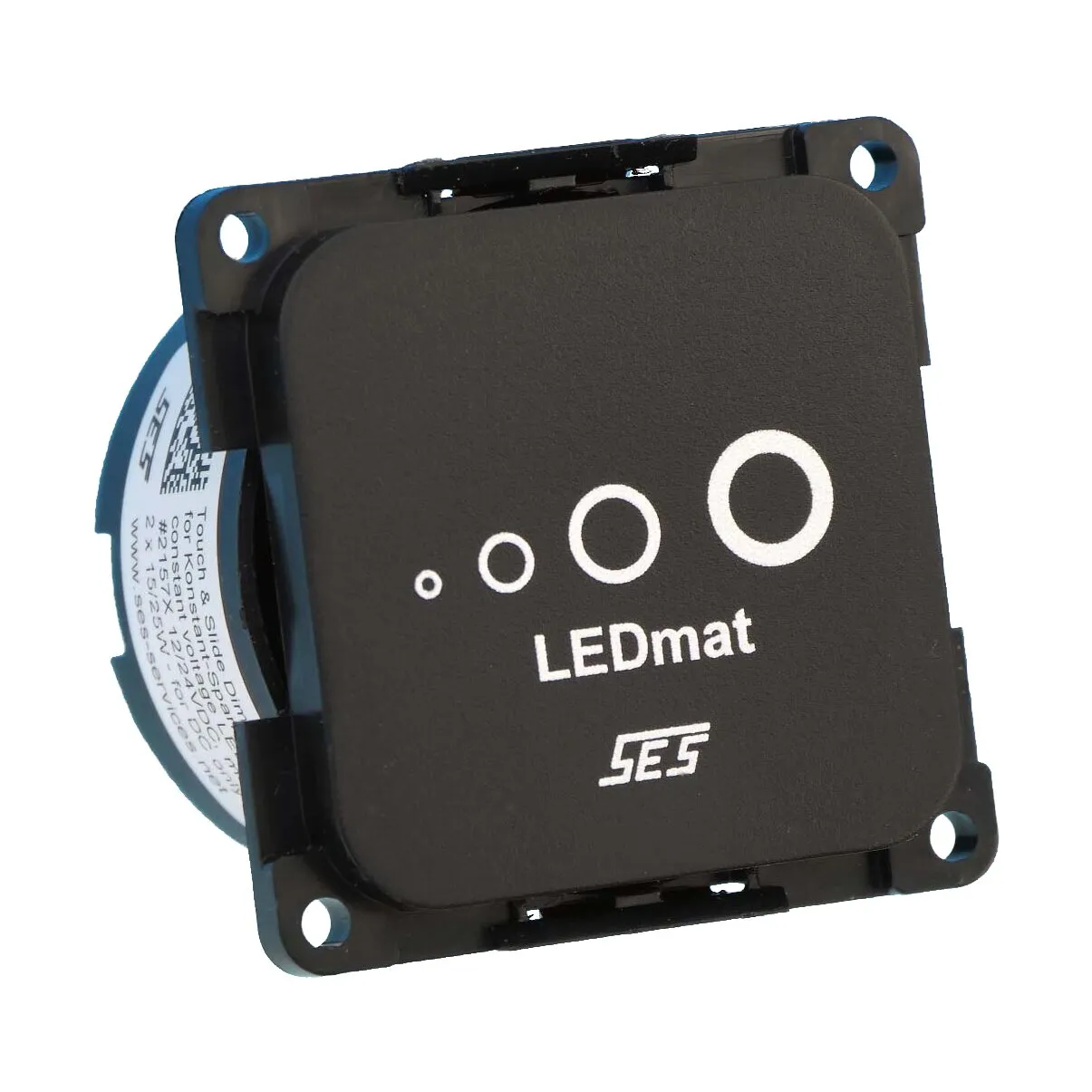 Schwarzer Touch-&-Slide-LED-Dimmer von LEDmat mit vier Befestigungsöffnungen und SES-Logo