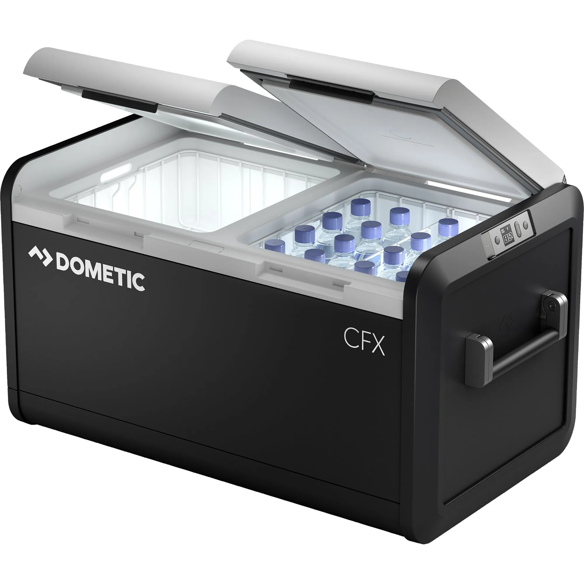 Schwarze Dometic CoolFreeze CFX3 DZ Kühlbox mit geöffneten Deckeln, zwei Fächern und Wasserflaschen, 74 l
