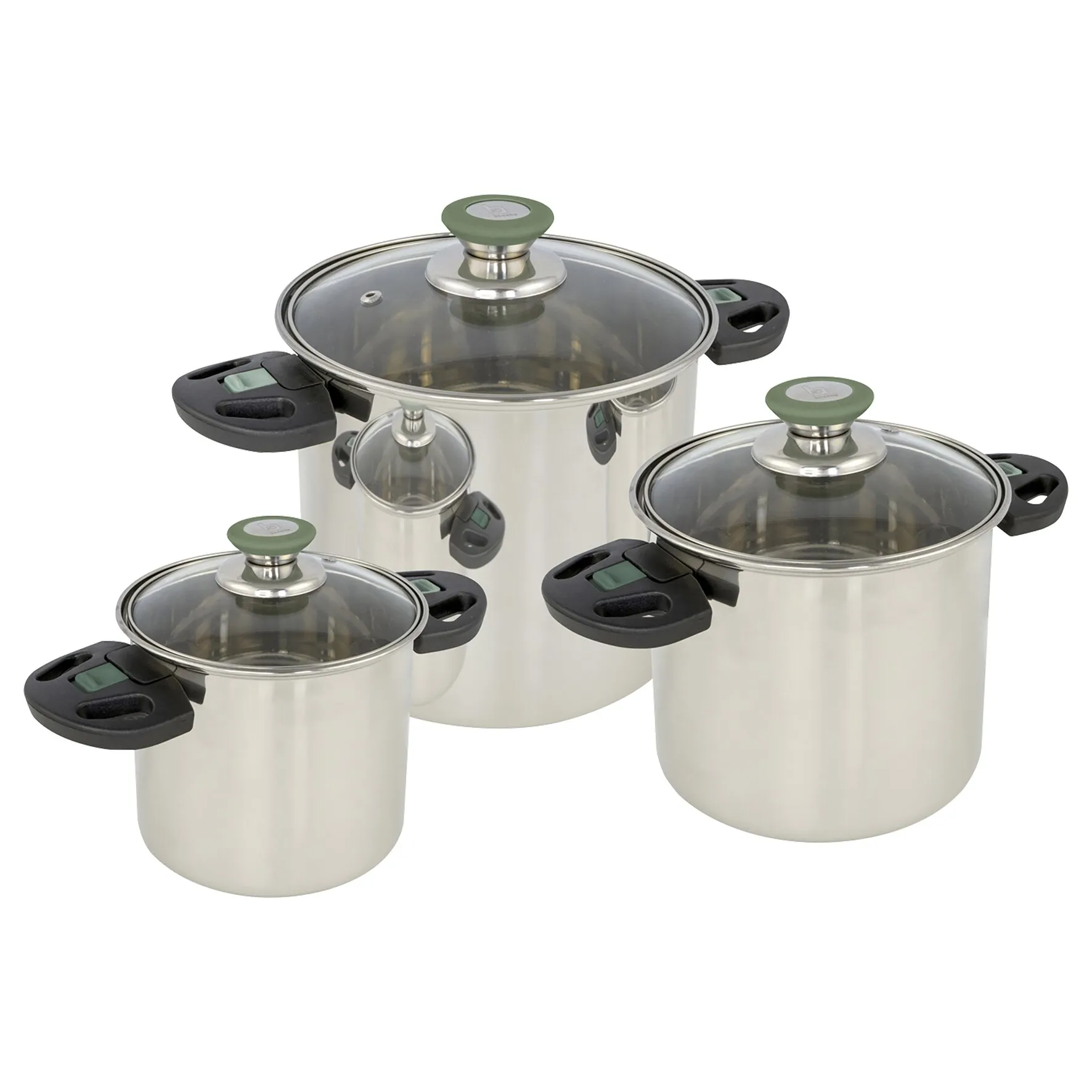 Kochtopfset Elegance Compact aus Edelstahl mit vier Töpfen, Glasdeckeln und schwarzen Griffen mit grünen Akzenten