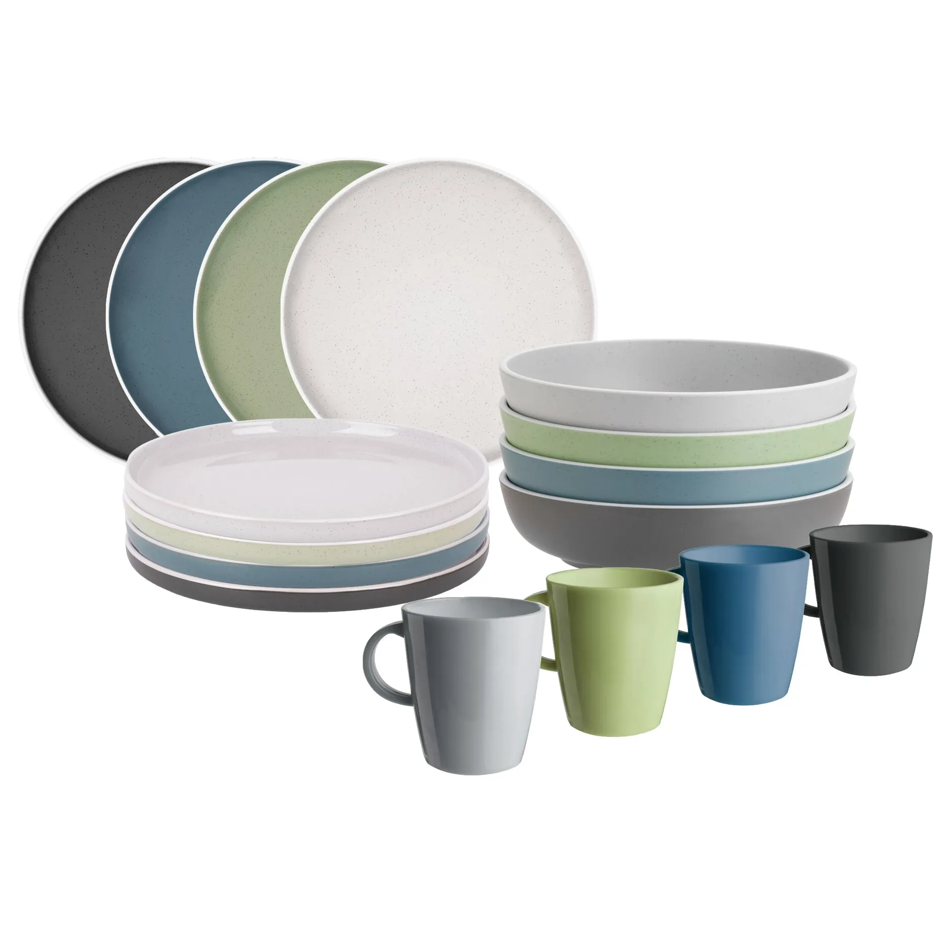 Geschirrset Lunch Box Dolomit mit Tellern, Schalen und vier Bechern in Weiß, Grau, Blau und Grün, teils gesprenkelt