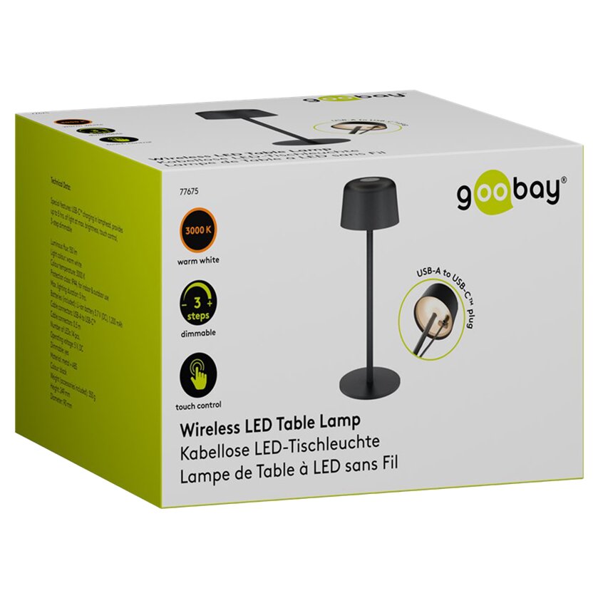 Verpackung einer schwarzen kabellosen LED-Tischleuchte mit Stativ; 3000 K Warmweiß, 3 Stufen dimmbar, Touch-Steuerung, USB-A zu USB-C