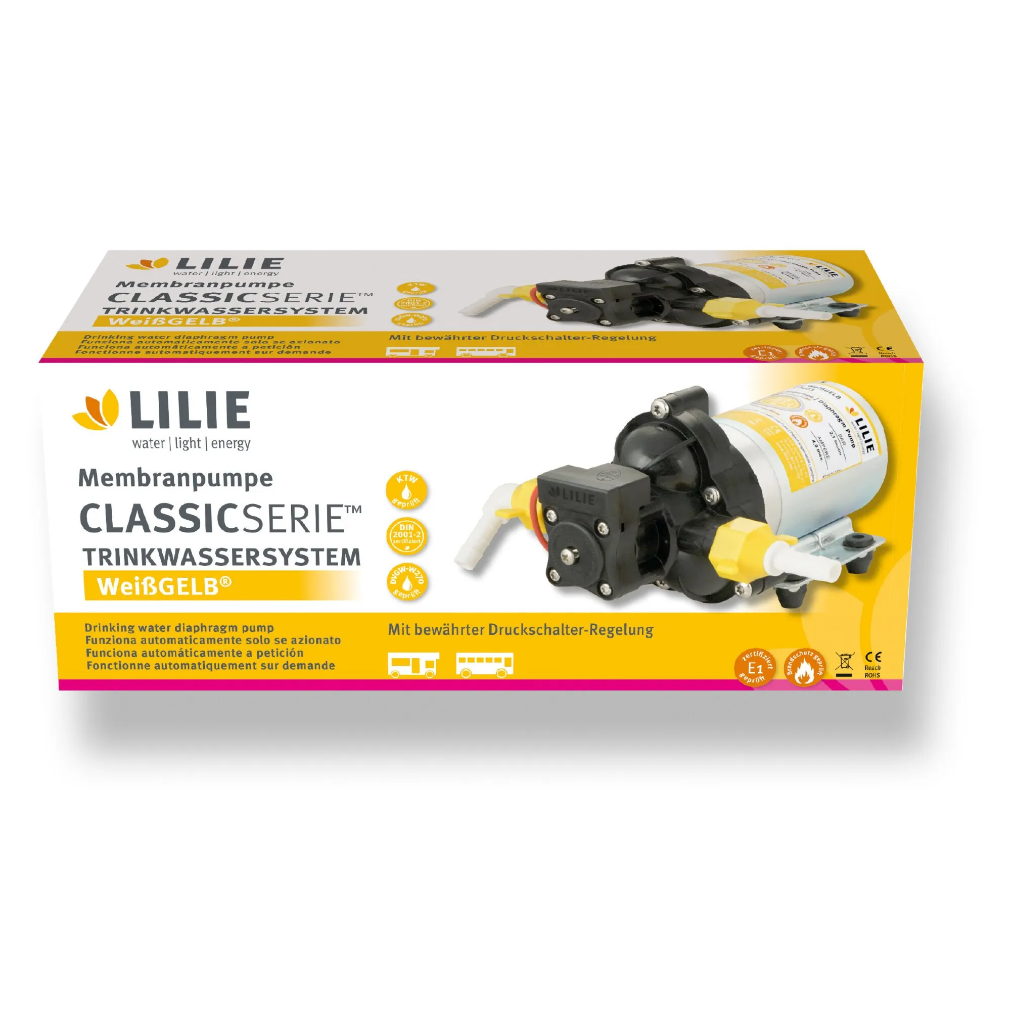 LILIE CLASSICSERIE Membranpumpe für Trinkwasser in Weiß und Gelb mit Druckschalter-Regelung, abgebildet auf der Verpackung