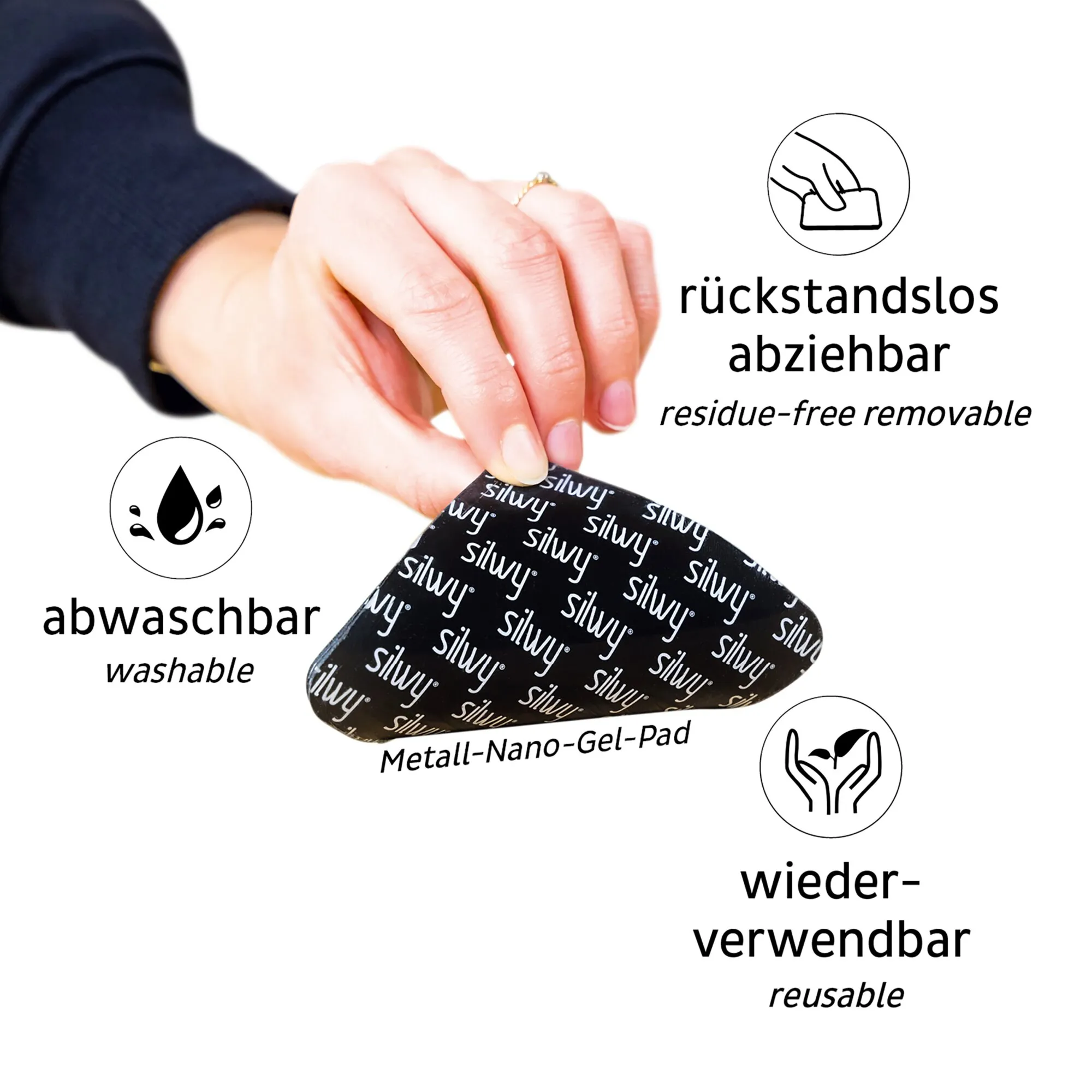 Hand zieht ein schwarzes, abgerundetes Metall-Nano-Gel-Pad mit Silwy-Aufdruck ab; Hinweise nennen es abwaschbar und wiederverwendbar