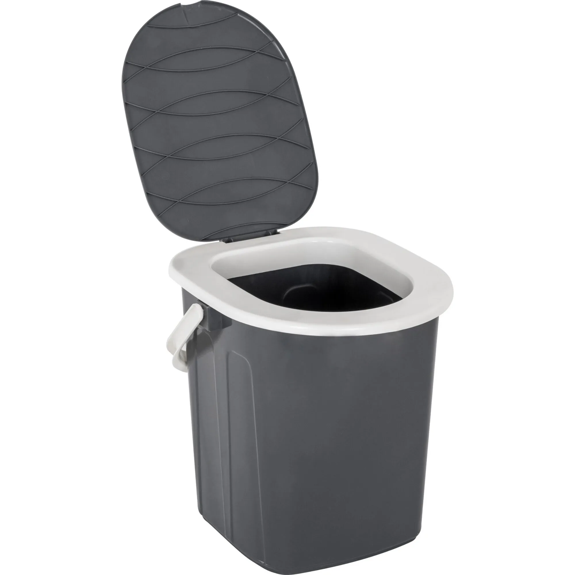 Dunkelgraue Optipot-Toilette mit weißem Sitzring, geöffnetem Deckel und herausnehmbarem Behälter