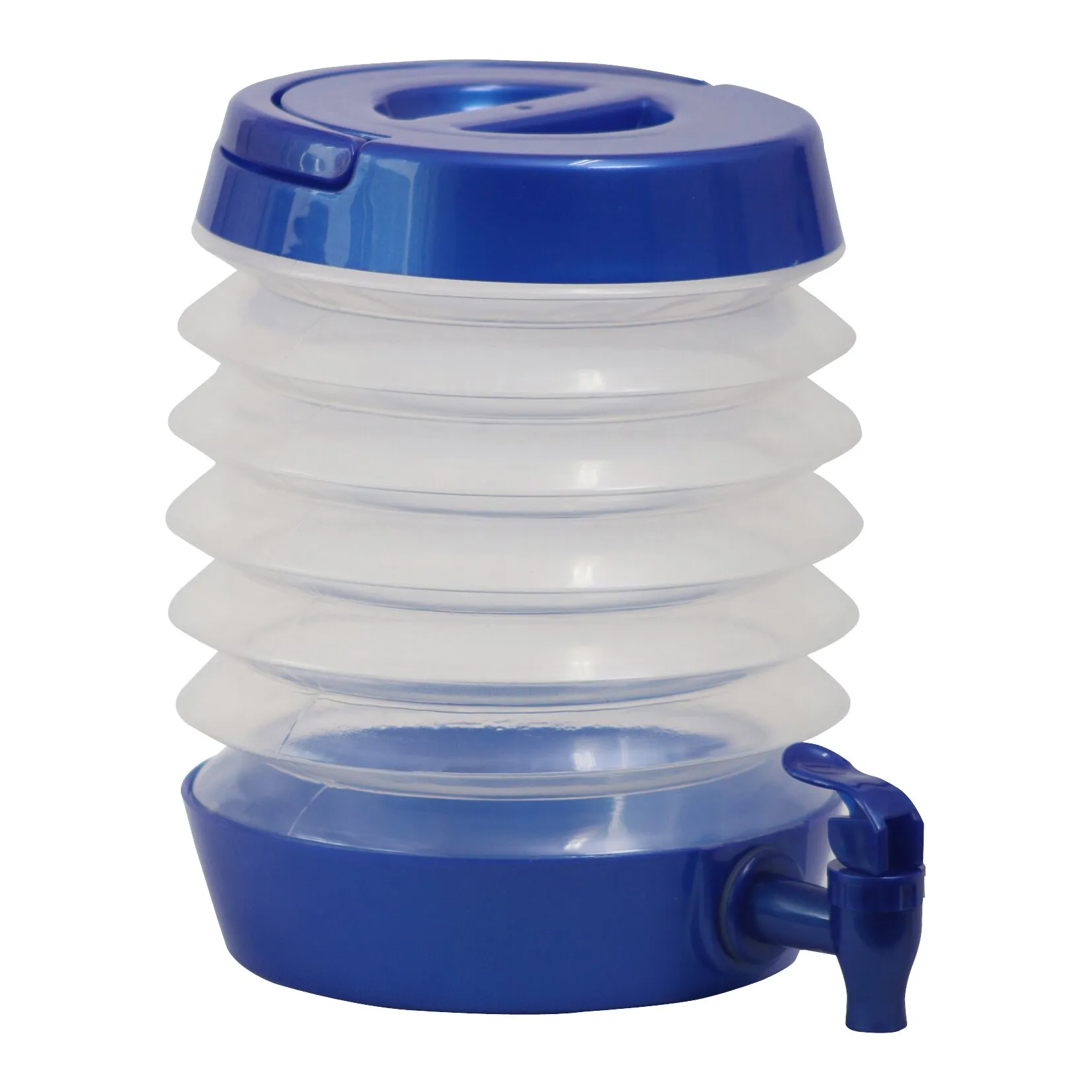 Faltbarer Wasserspender aus transparentem Kunststoff mit blauem Deckel, Auslaufhahn und ziehharmonikaartigem 3,5-Liter-Behälter