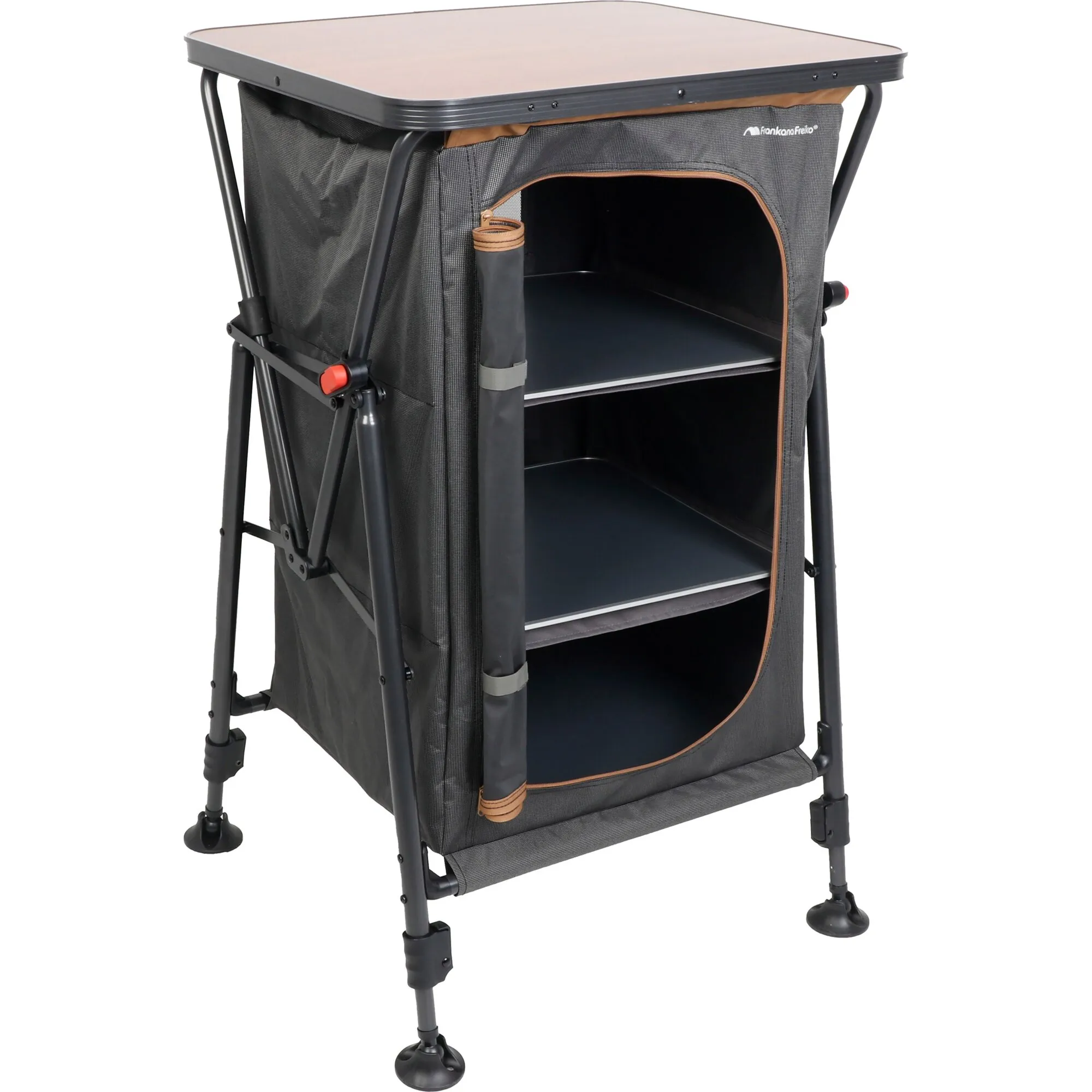 Campingschrank HighQ AC-059 V3 in Schwarz mit drei offenen Fächern, Holzplatte, Seitenablage und klappbarem Metallgestell