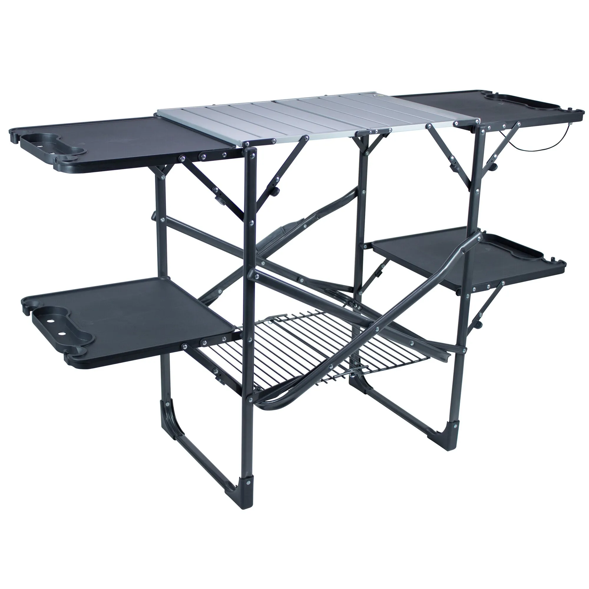 Aufgeklappte schwarze Campingküche Slim-Fold Cook Station™ mit grauer Arbeitsplatte, Ablagen, Seitentischen und Grillrost