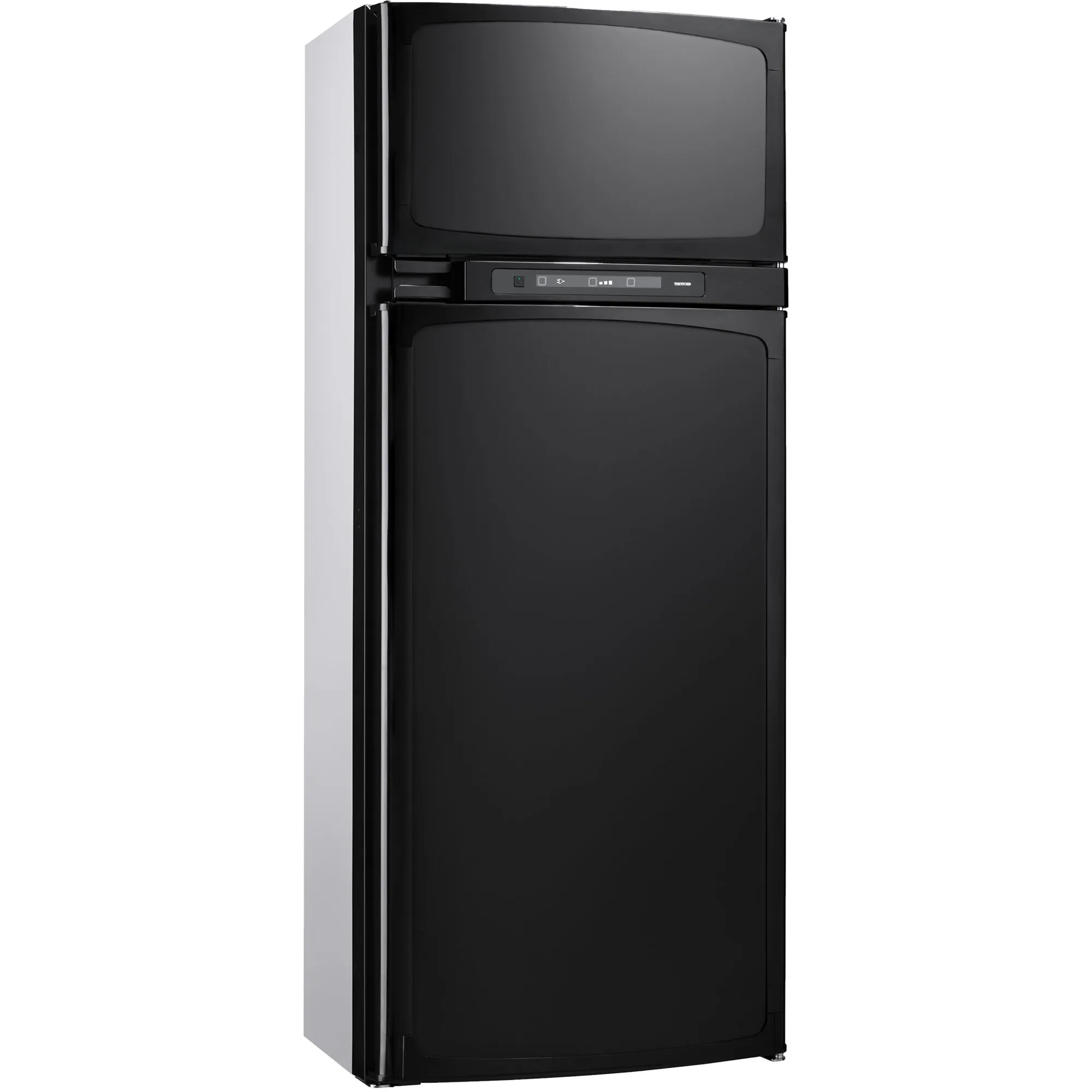 Schwarzer Thetford N4150 A Absorberkühlschrank mit zwei Türen und zentralem LCD-Bedienfeld, Ansicht von vorne links