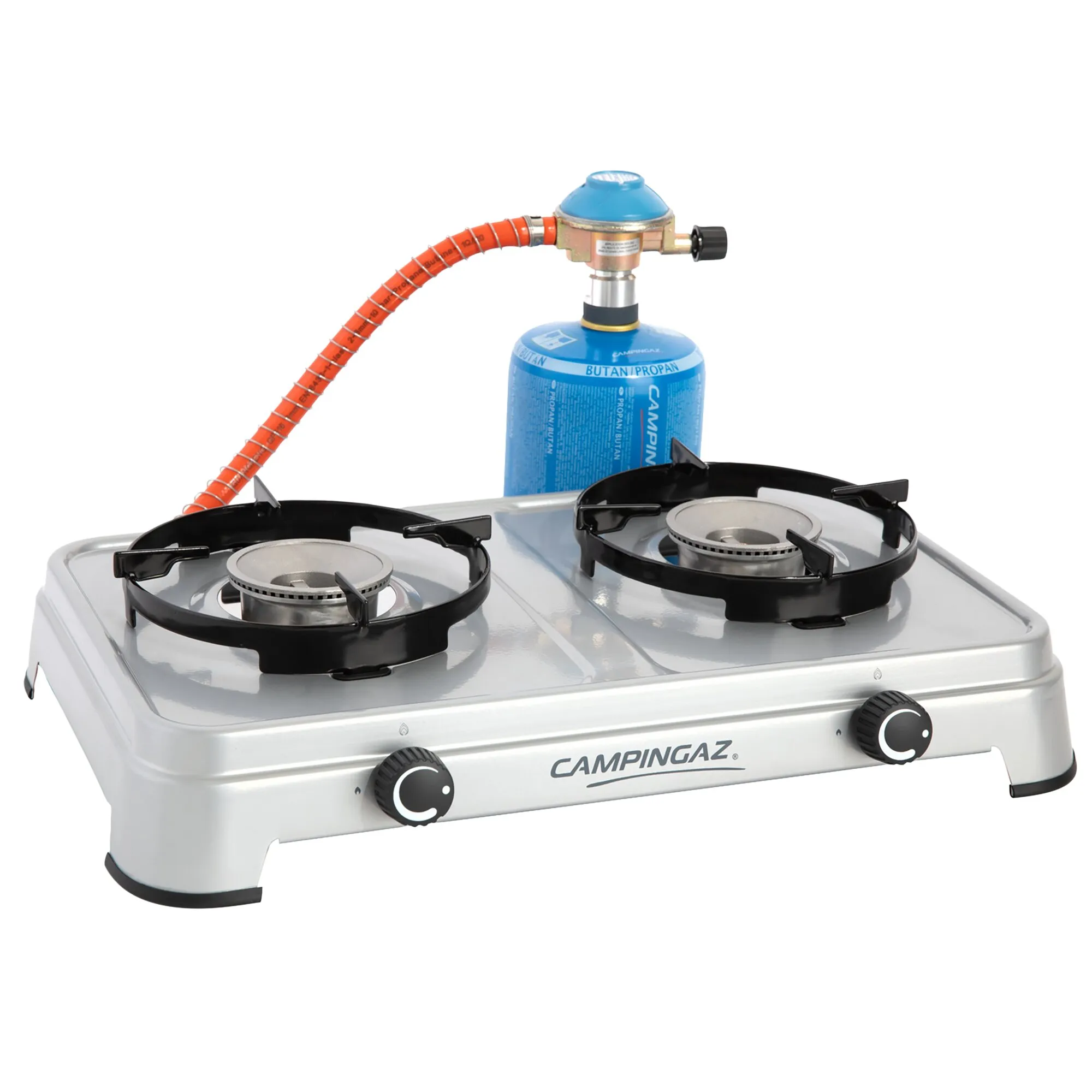 Campingaz Camping Cook CV, silberner Zweiflamm-Campingkocher mit zwei Drehreglern und angeschlossener blauer Gaskartusche