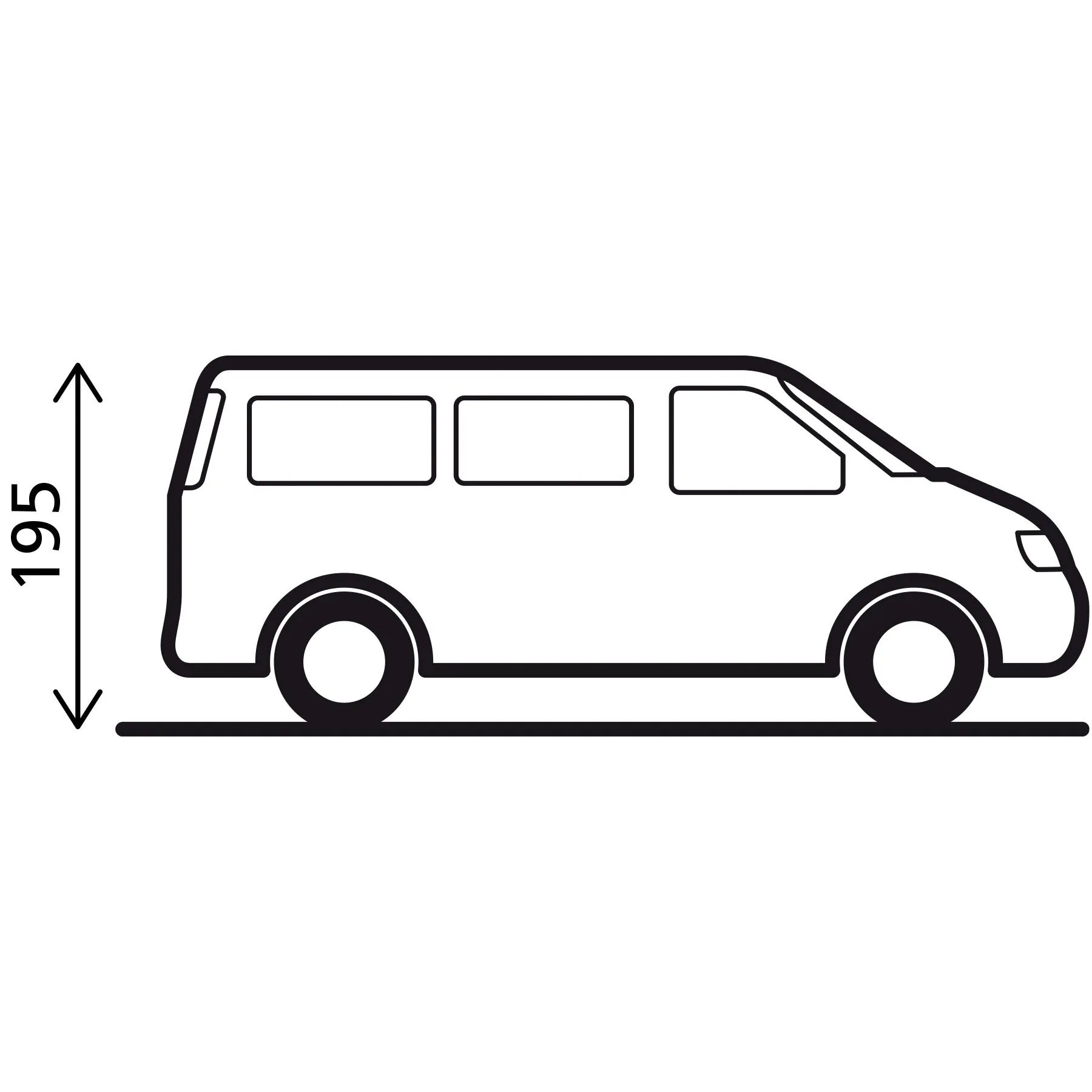 Heckzelt Escape in technischer Seitenansicht an einem Kleinbus mit drei Fenstern und markierter Fahrzeughöhe von 195 cm