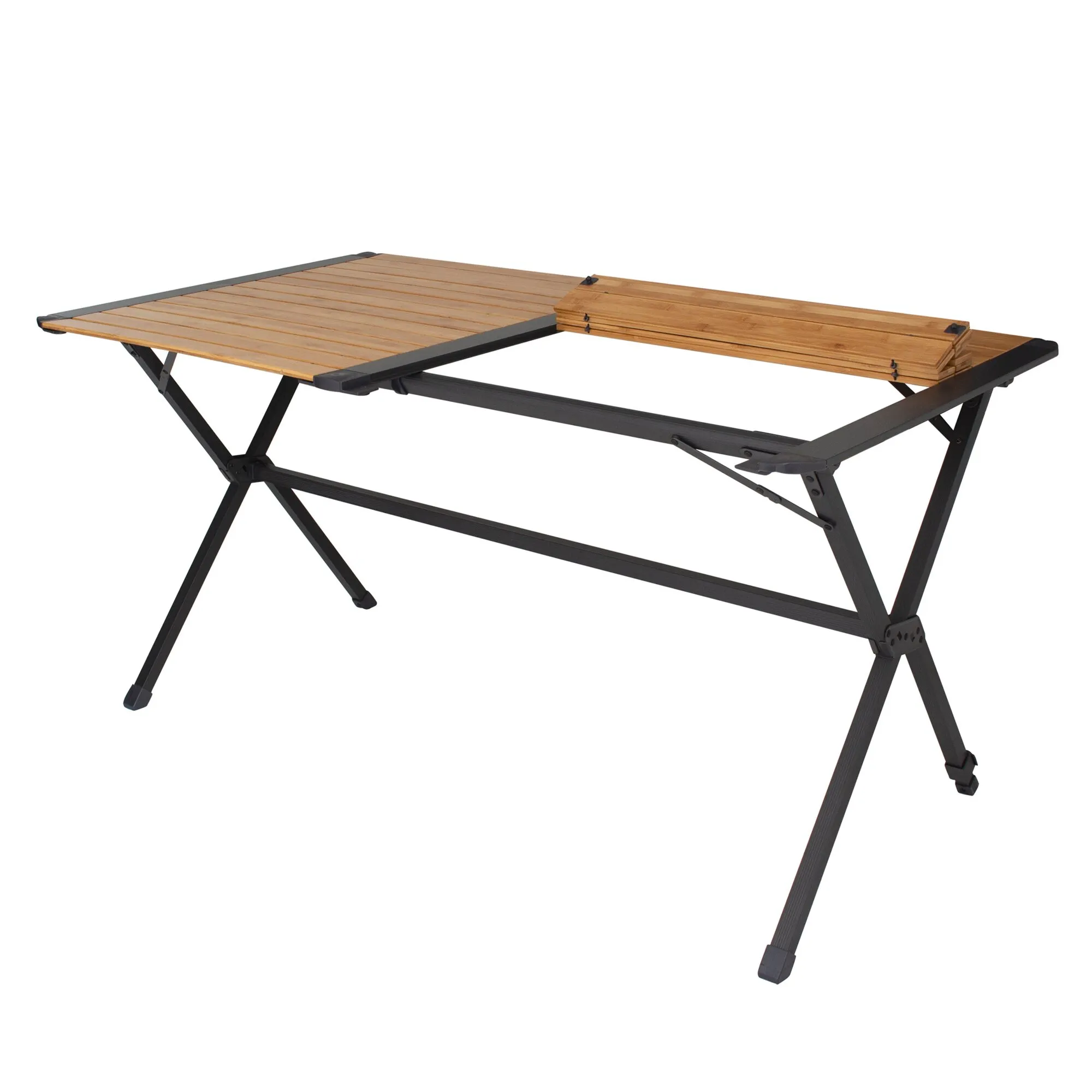 Bambus-Rolltisch Chambery mit 140 cm langer Holzlattenplatte und schwarzem, klappbarem Metallgestell in Seitenansicht